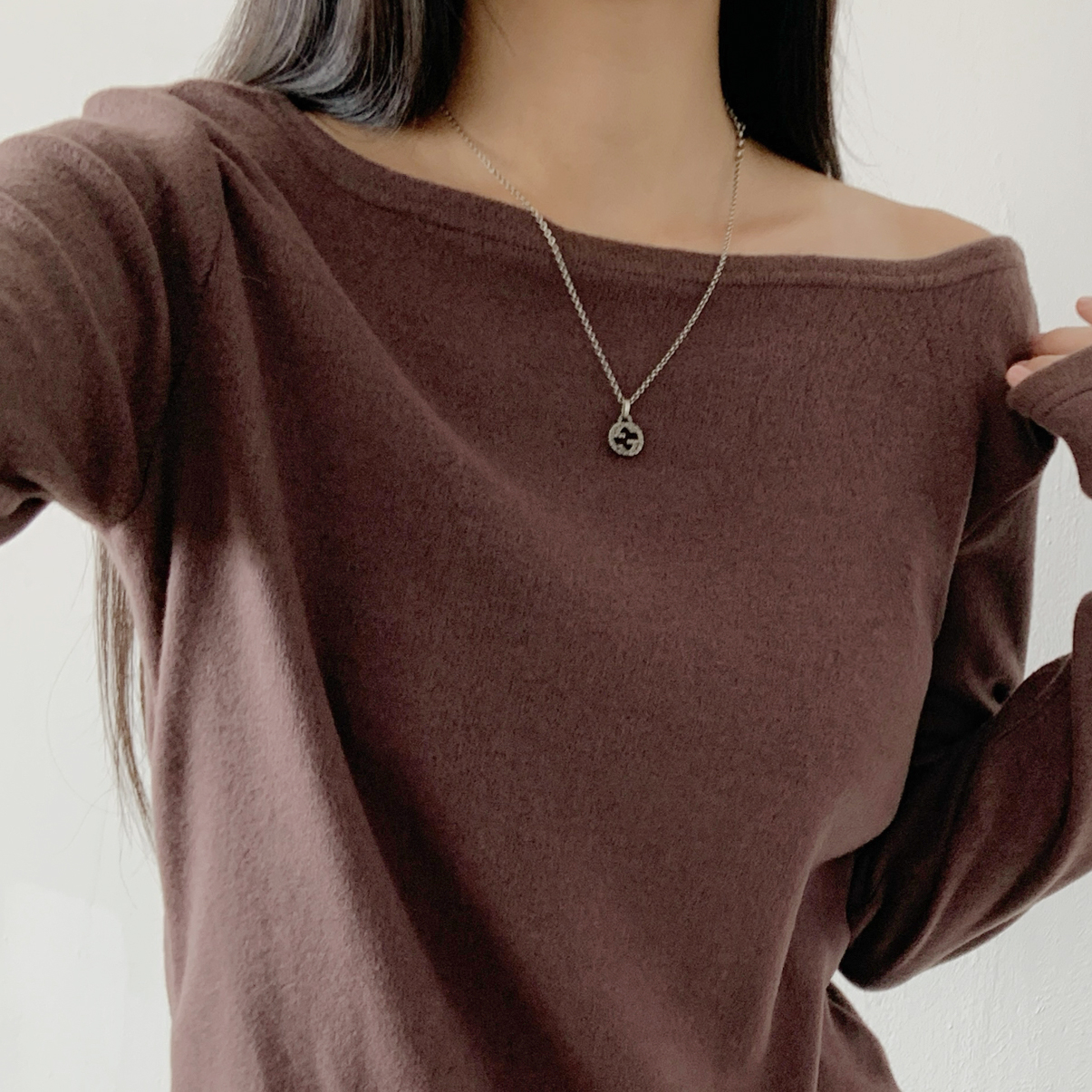 ボートネックワンショルダーベーシック無地カラーTシャツ | 詳細画像10