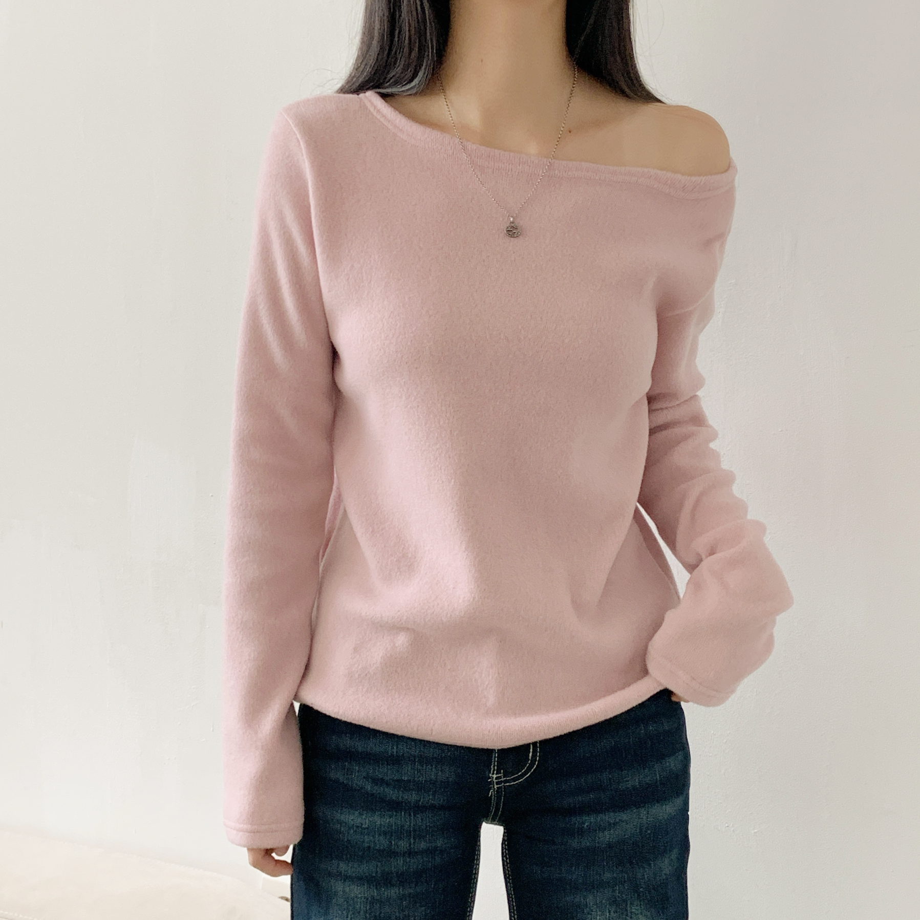 ボートネックワンショルダーベーシック無地カラーTシャツ | 詳細画像21