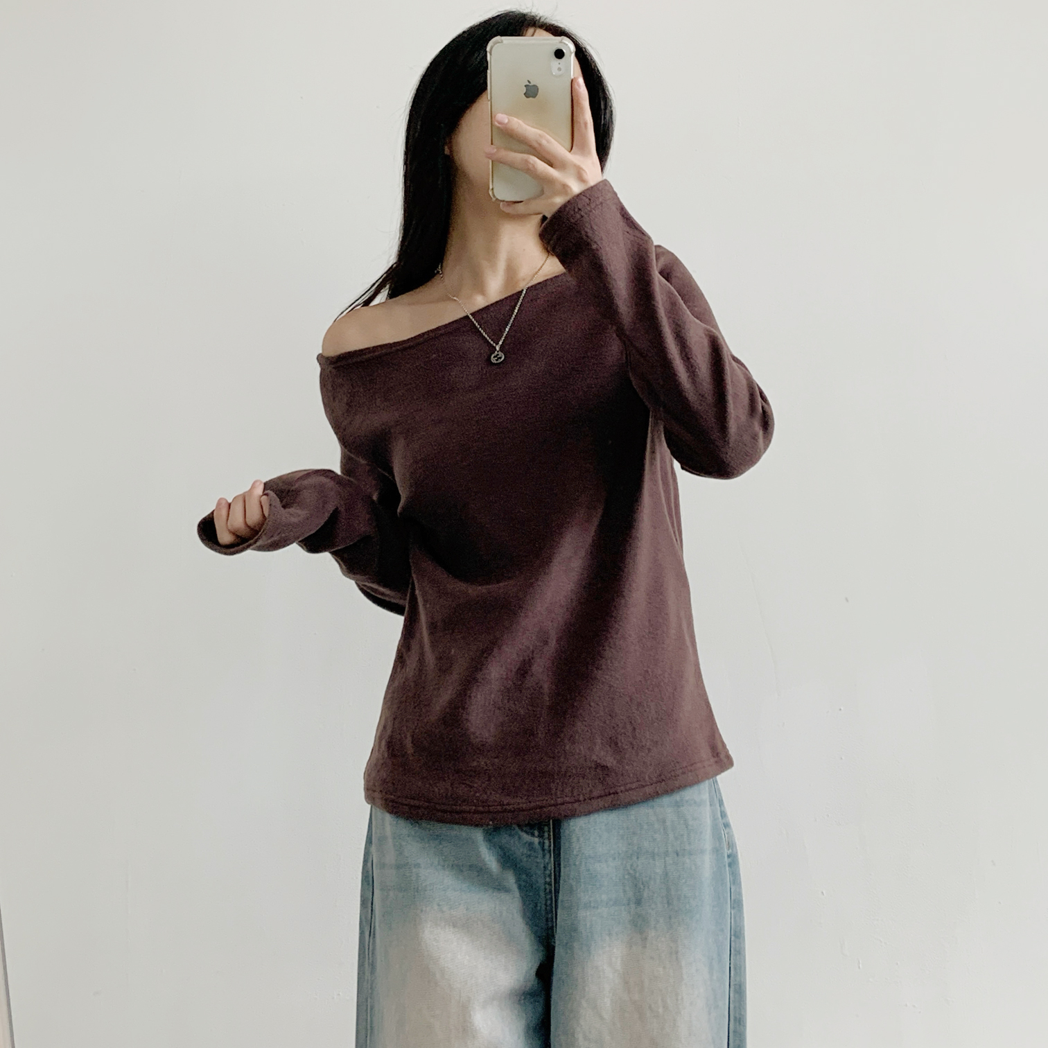 ボートネックワンショルダーベーシック無地カラーTシャツ | 詳細画像13