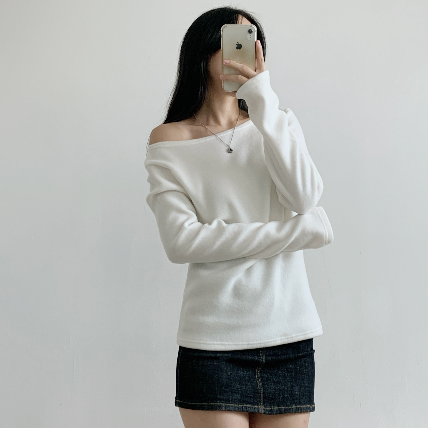 ボートネックワンショルダーベーシック無地カラーTシャツ | 詳細画像2