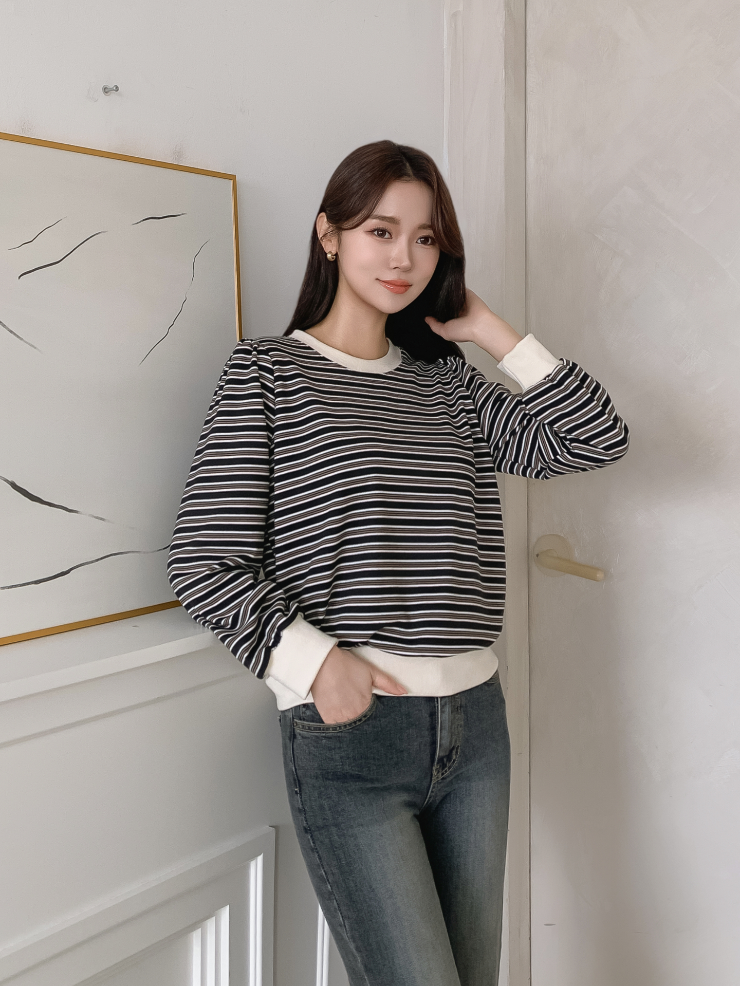 ラウンドネック長袖ボーダースウェット | 詳細画像11