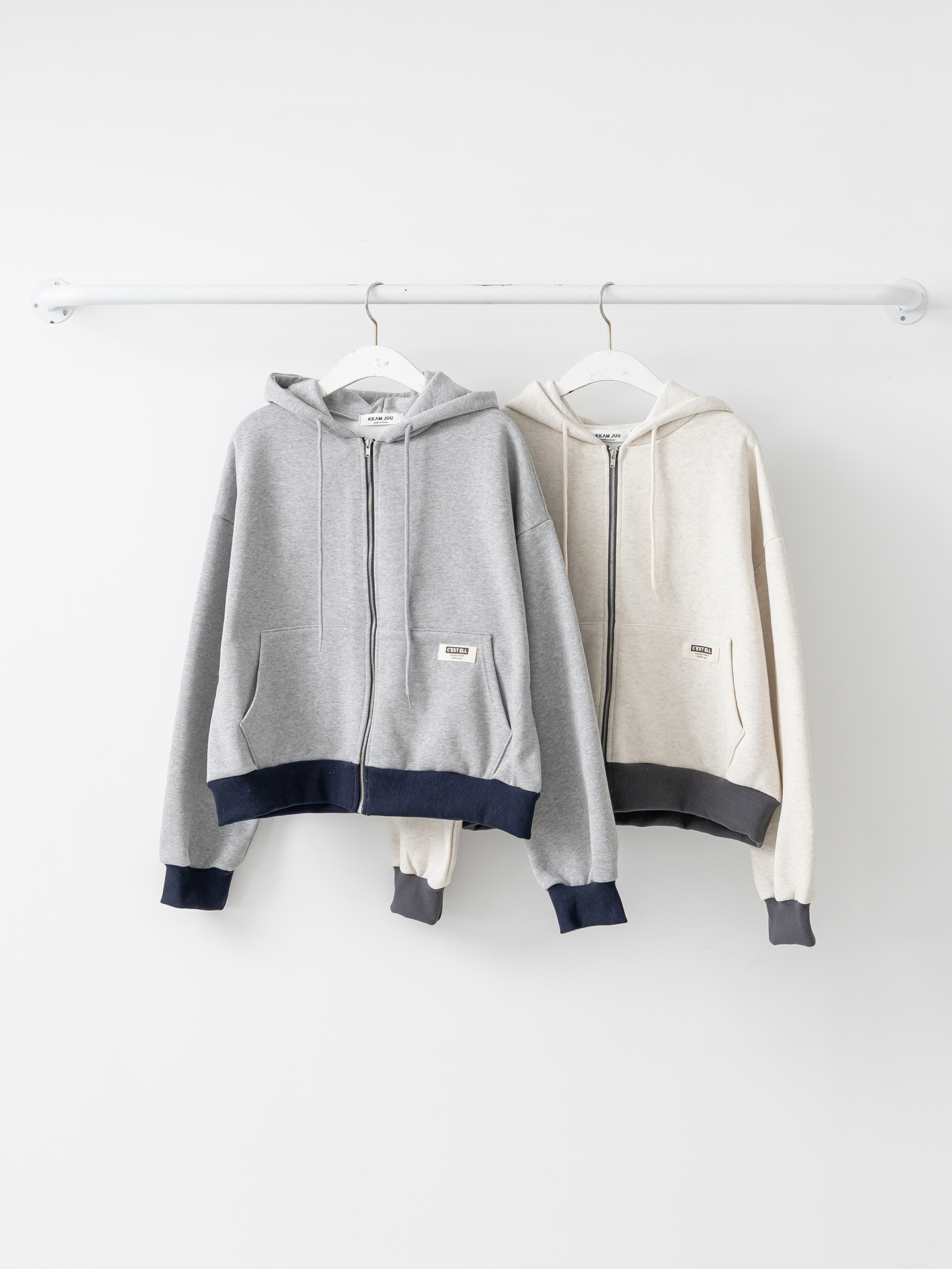 裏起毛ジップアップフードドローストリング配色ジップパーカー | 詳細画像2