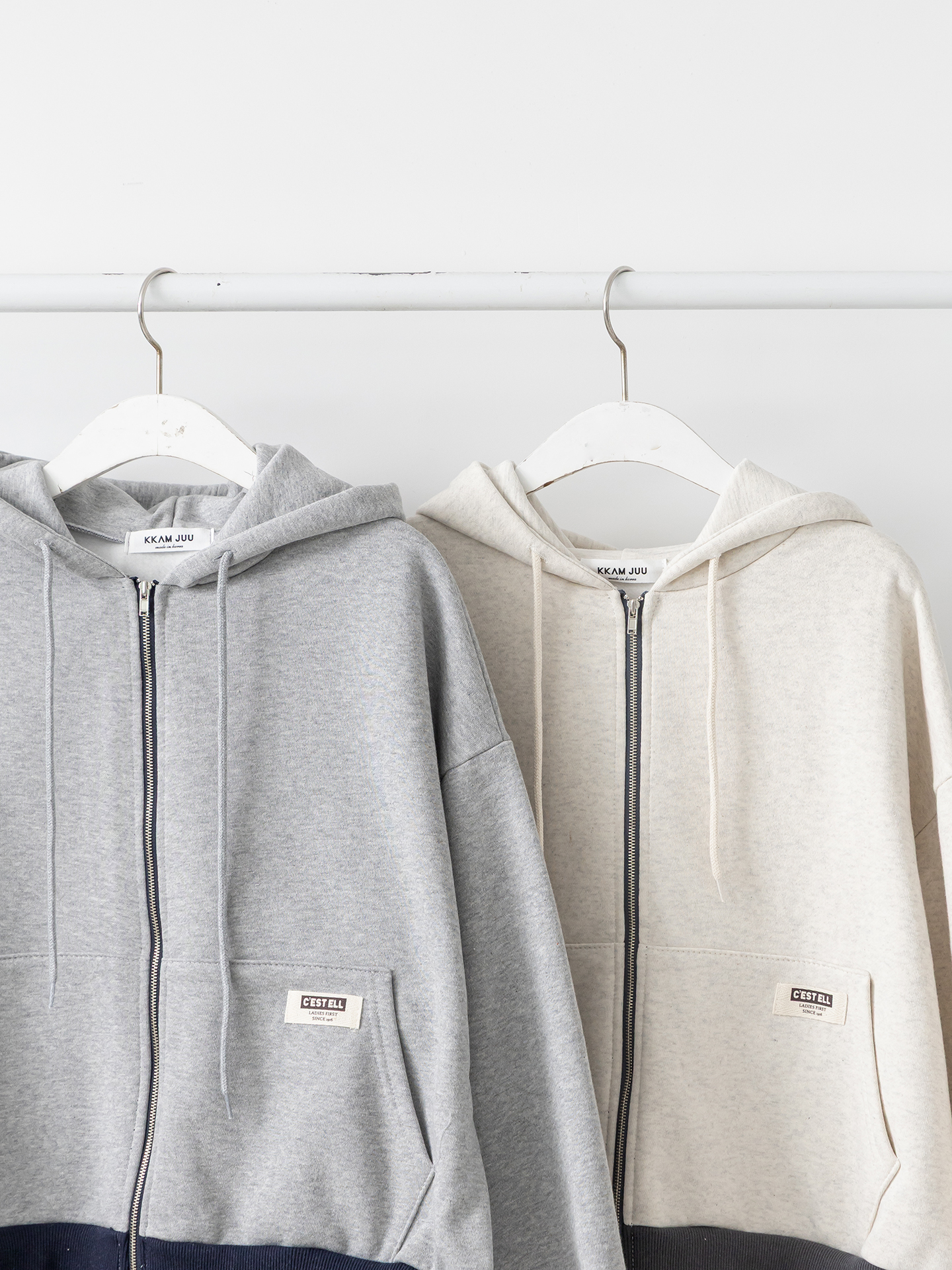 裏起毛ジップアップフードドローストリング配色ジップパーカー | 詳細画像3