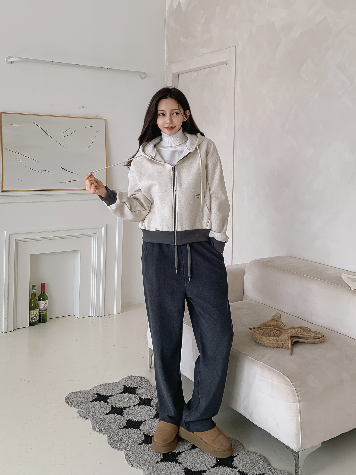 裏起毛ジップアップフードドローストリング配色ジップパーカー | 詳細画像4