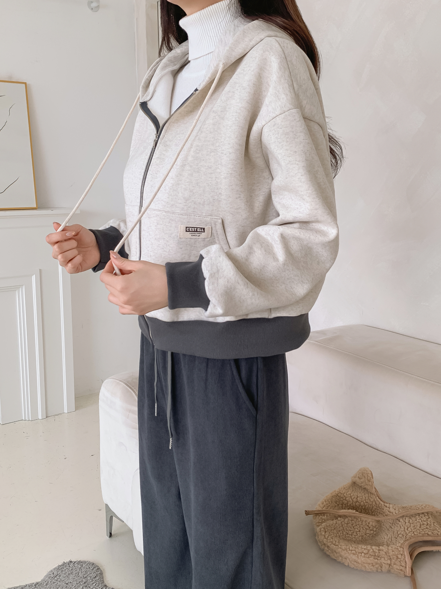 裏起毛ジップアップフードドローストリング配色ジップパーカー | 詳細画像5