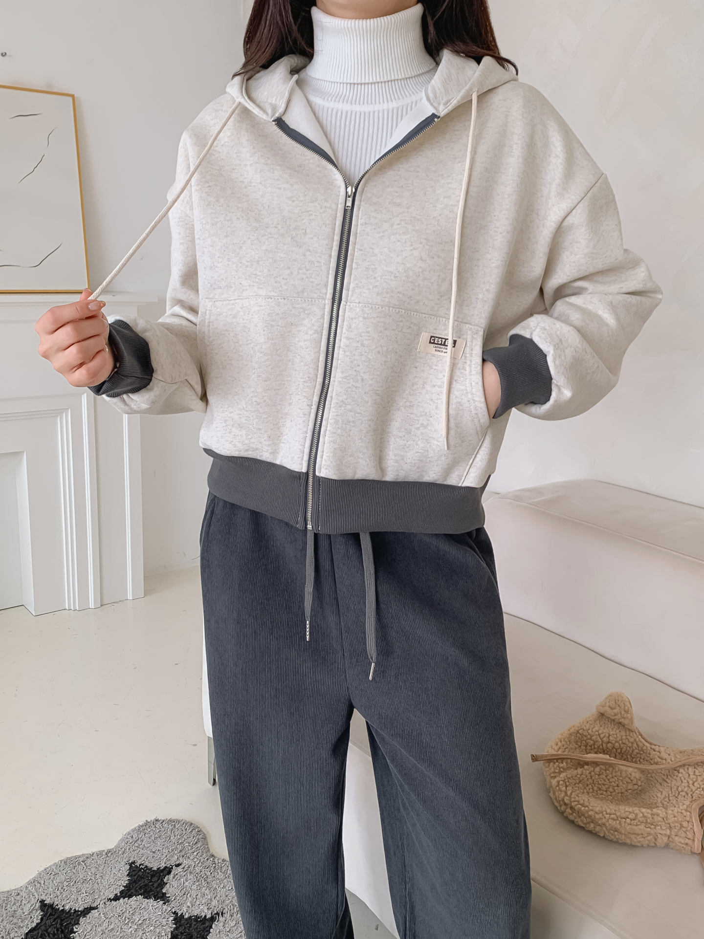 裏起毛ジップアップフードドローストリング配色ジップパーカー | 詳細画像6