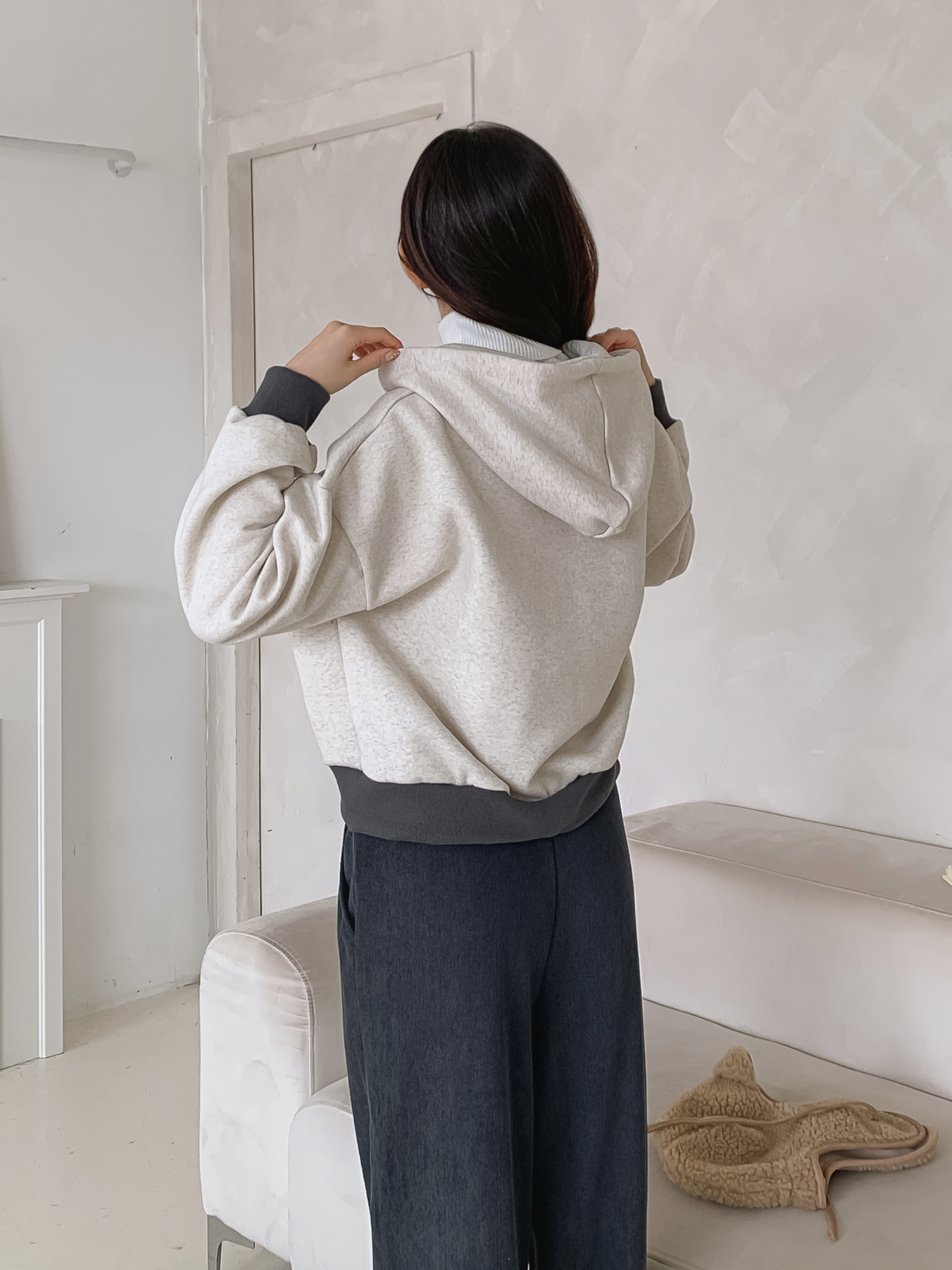 裏起毛ジップアップフードドローストリング配色ジップパーカー | 詳細画像7