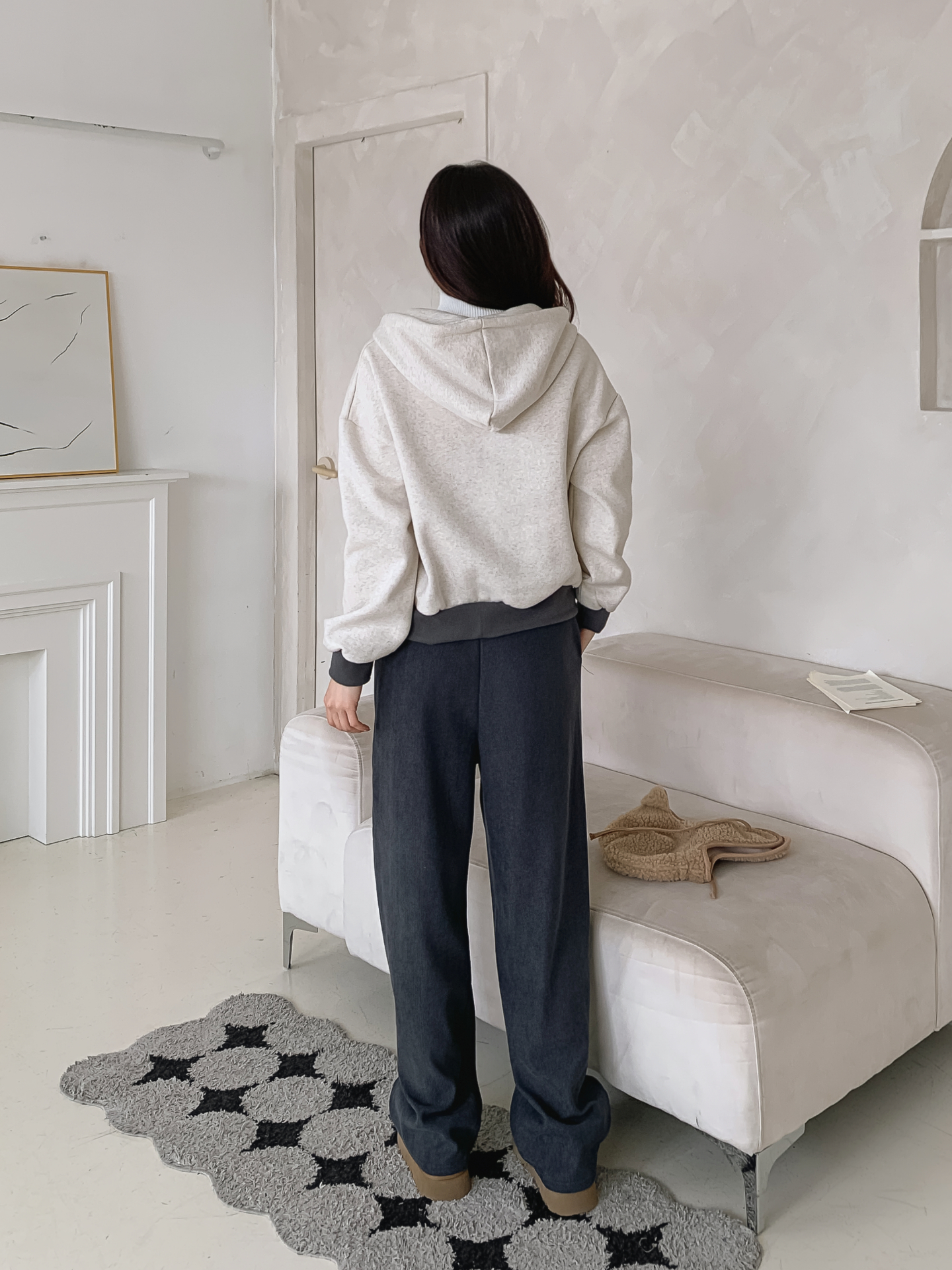 裏起毛ジップアップフードドローストリング配色ジップパーカー | 詳細画像8