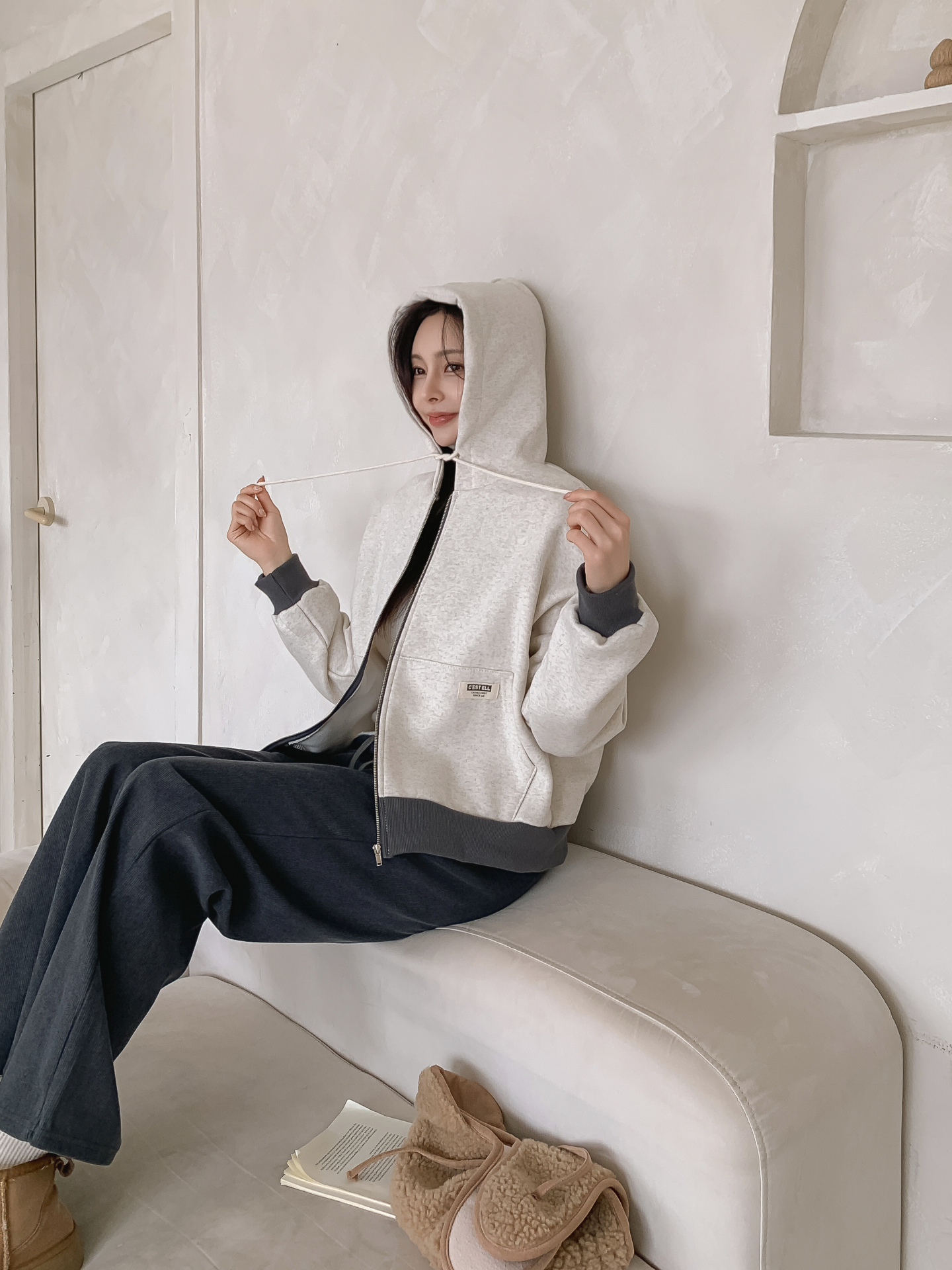 裏起毛ジップアップフードドローストリング配色ジップパーカー | 詳細画像12