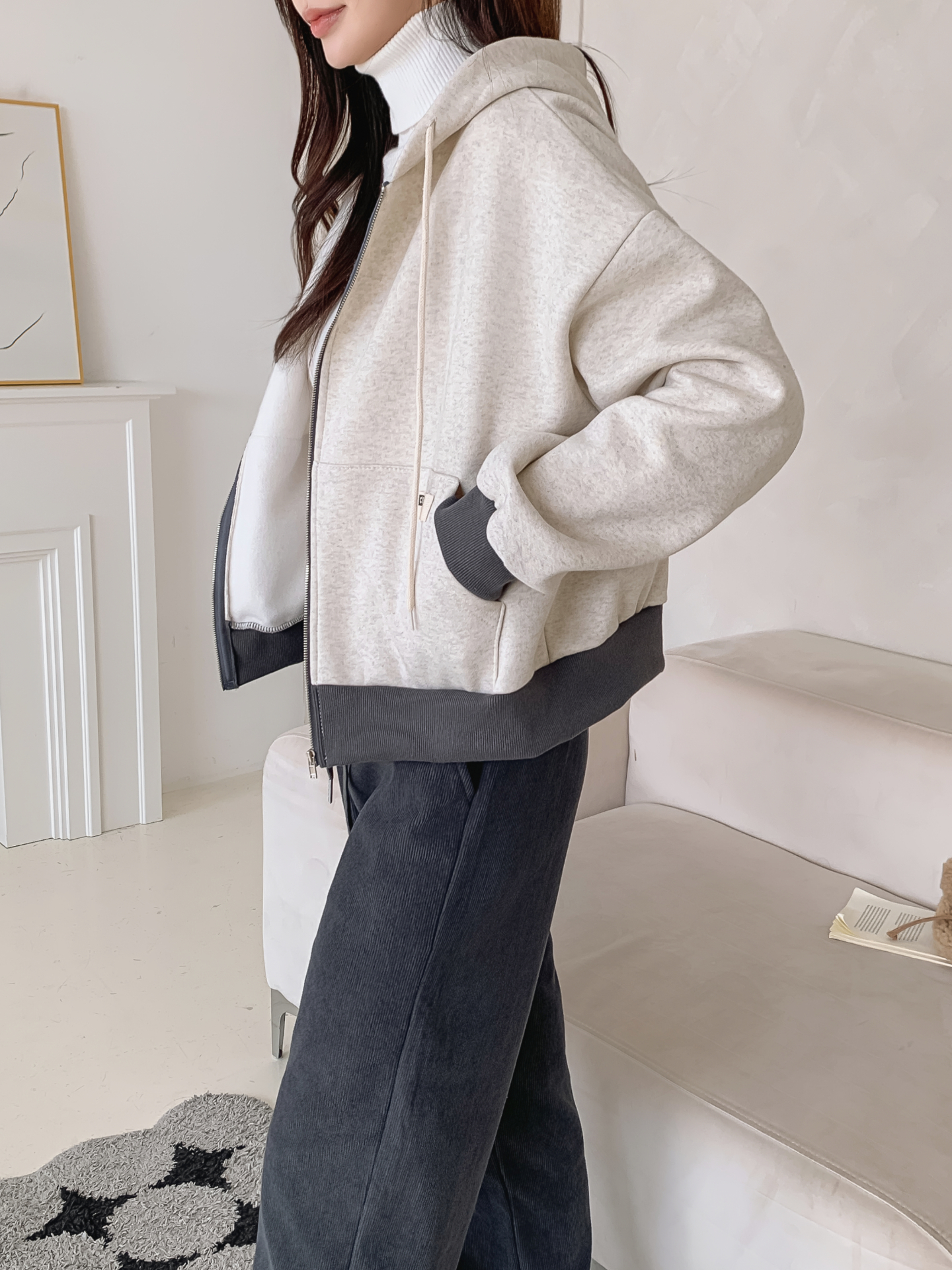 裏起毛ジップアップフードドローストリング配色ジップパーカー | 詳細画像13