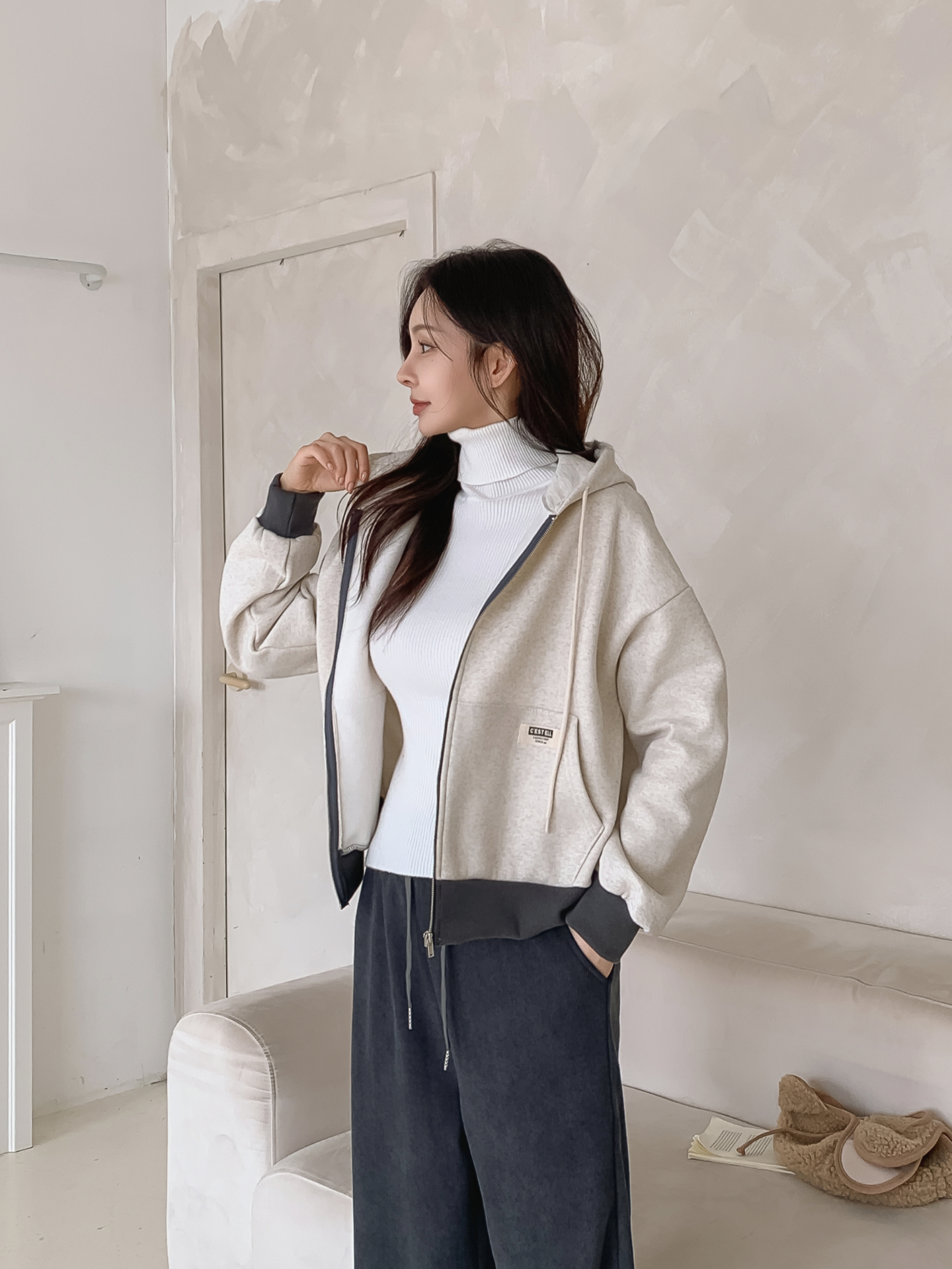 裏起毛ジップアップフードドローストリング配色ジップパーカー | 詳細画像14