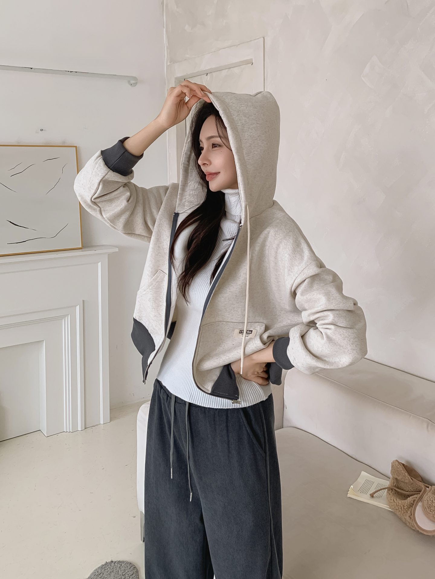 裏起毛ジップアップフードドローストリング配色ジップパーカー | 詳細画像15