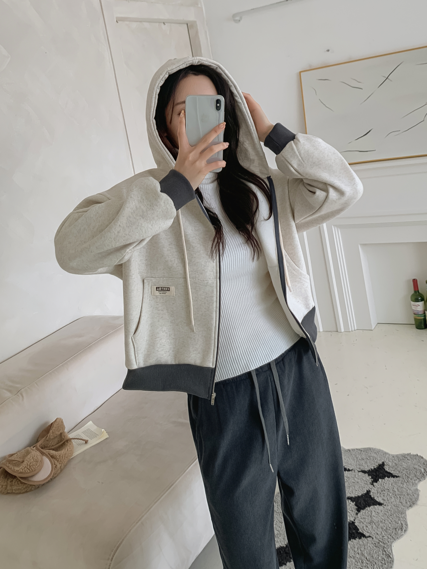 裏起毛ジップアップフードドローストリング配色ジップパーカー | 詳細画像16