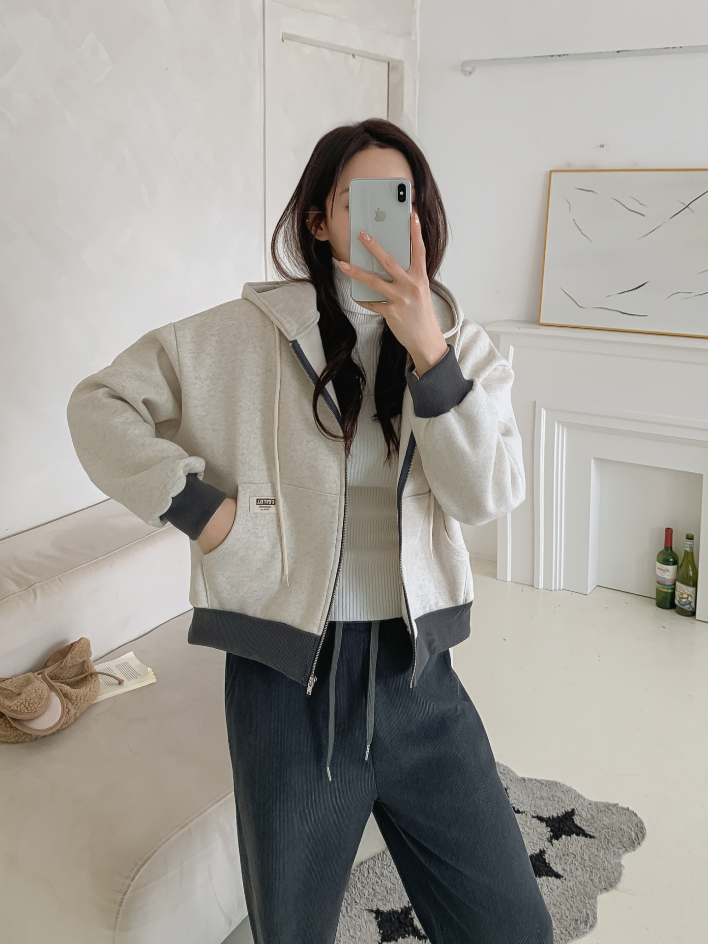 裏起毛ジップアップフードドローストリング配色ジップパーカー | 詳細画像17