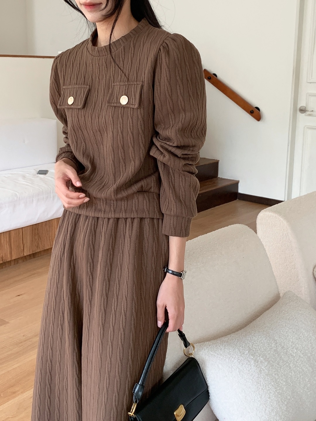 ラウンドネックウエストゴム長袖ワイドフェイクポケットケーブルカラーセットアップ | 詳細画像2