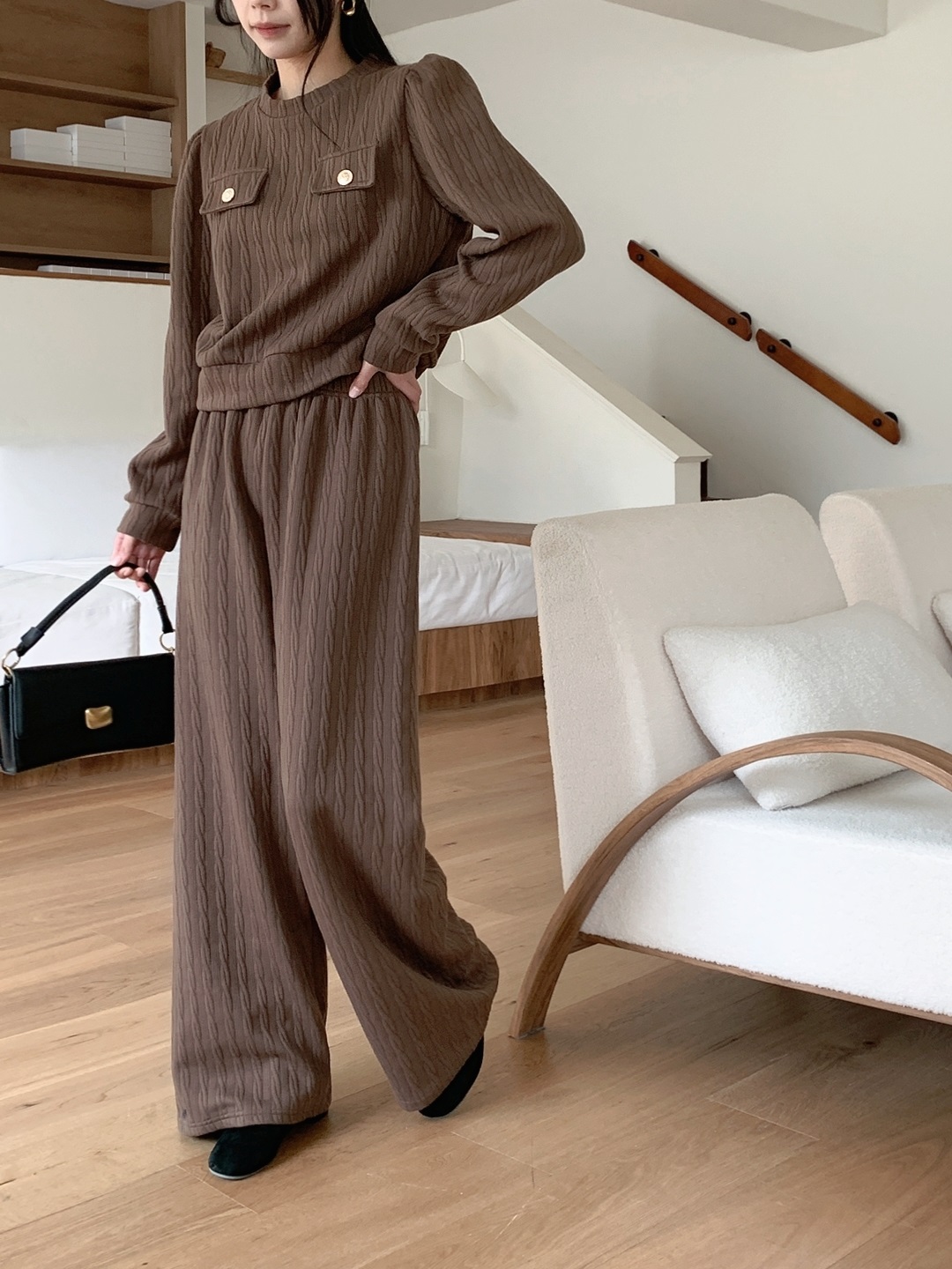 ラウンドネックウエストゴム長袖ワイドフェイクポケットケーブルカラーセットアップ | 詳細画像3