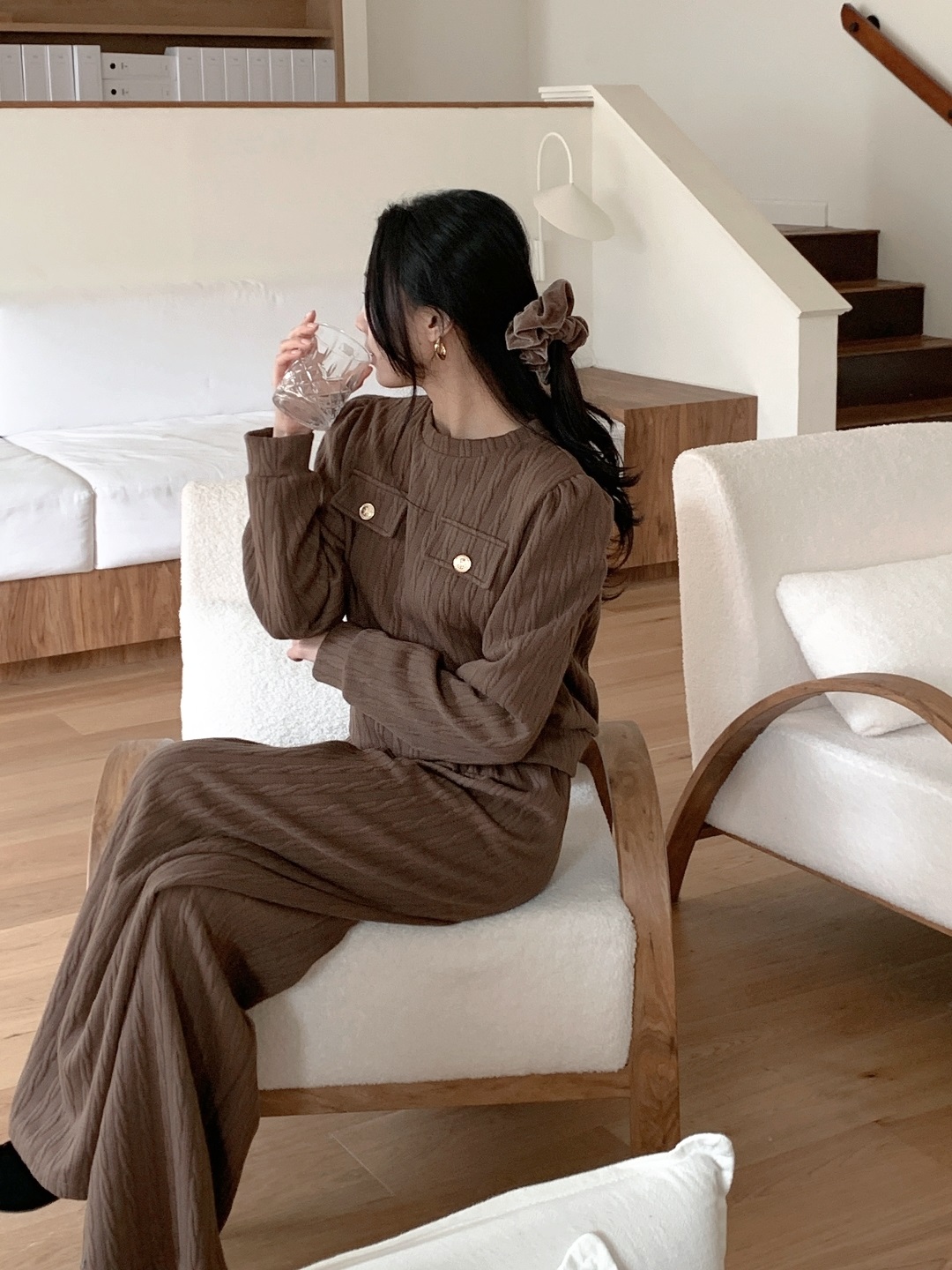 ラウンドネックウエストゴム長袖ワイドフェイクポケットケーブルカラーセットアップ | 詳細画像5