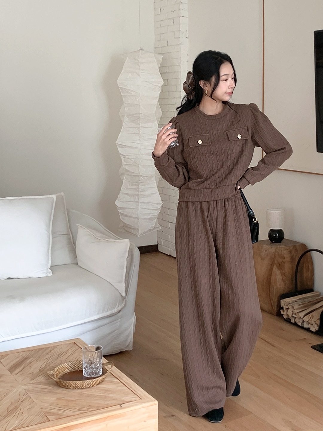 ラウンドネックウエストゴム長袖ワイドフェイクポケットケーブルカラーセットアップ | 詳細画像7