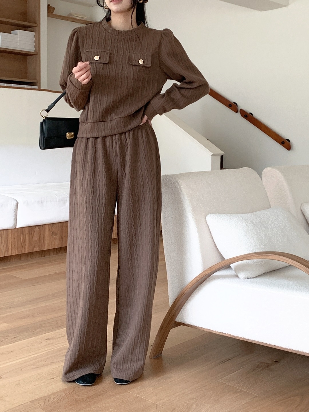 ラウンドネックウエストゴム長袖ワイドフェイクポケットケーブルカラーセットアップ | 詳細画像9