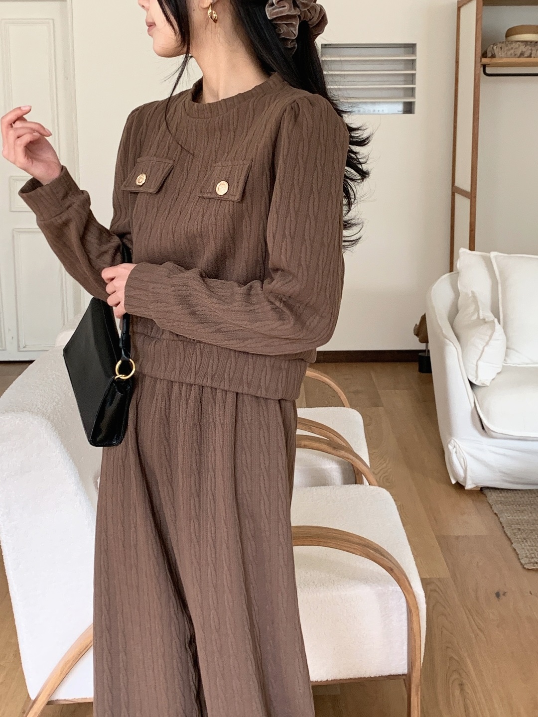 ラウンドネックウエストゴム長袖ワイドフェイクポケットケーブルカラーセットアップ | 詳細画像11