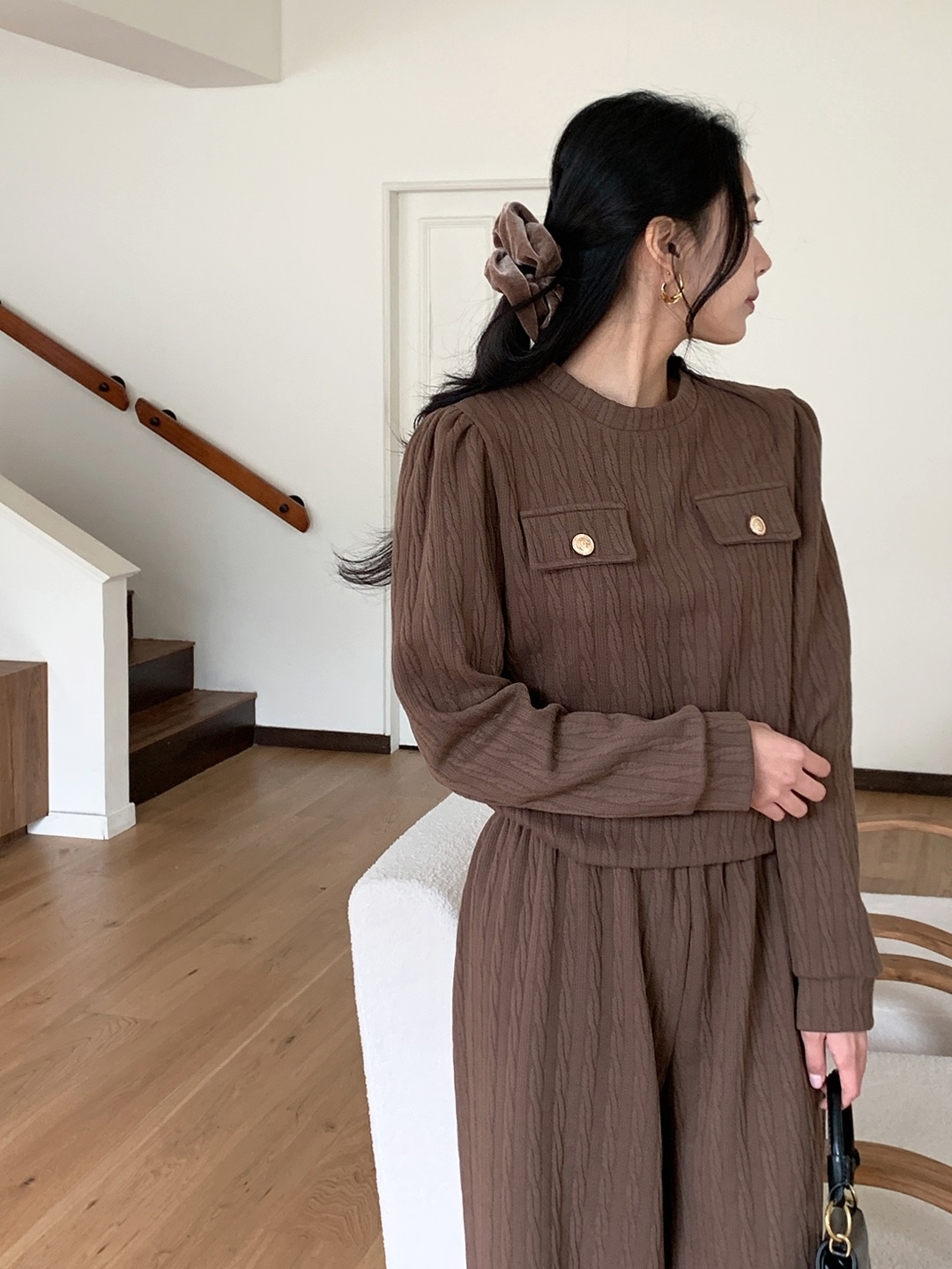 ラウンドネックウエストゴム長袖ワイドフェイクポケットケーブルカラーセットアップ | 詳細画像12