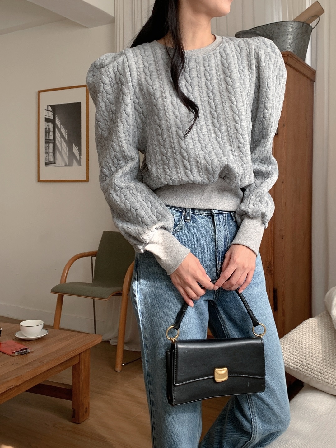 ラウンドネックパフスリーブケーブルスウェット | 詳細画像2