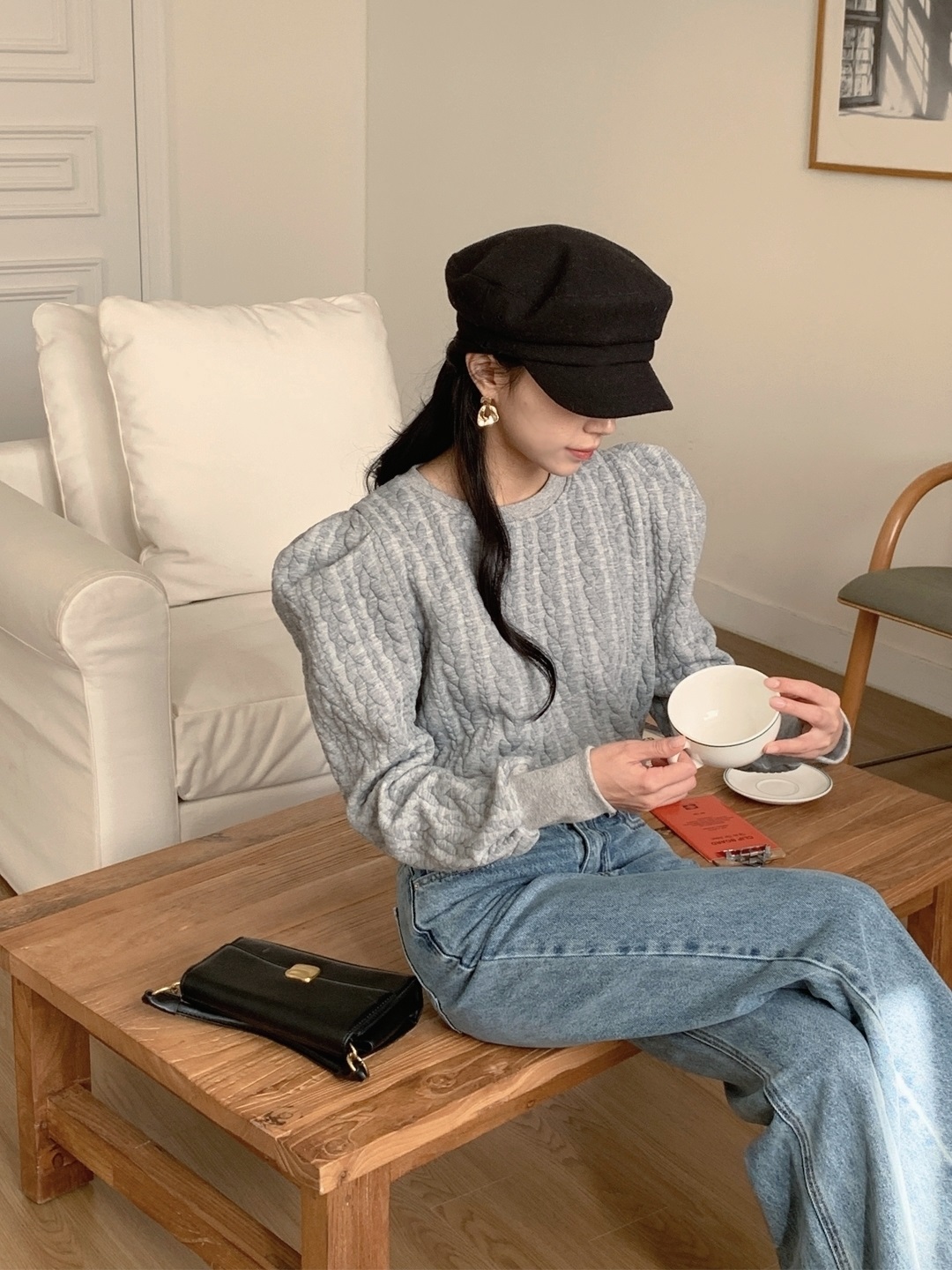 ラウンドネックパフスリーブケーブルスウェット | 詳細画像3