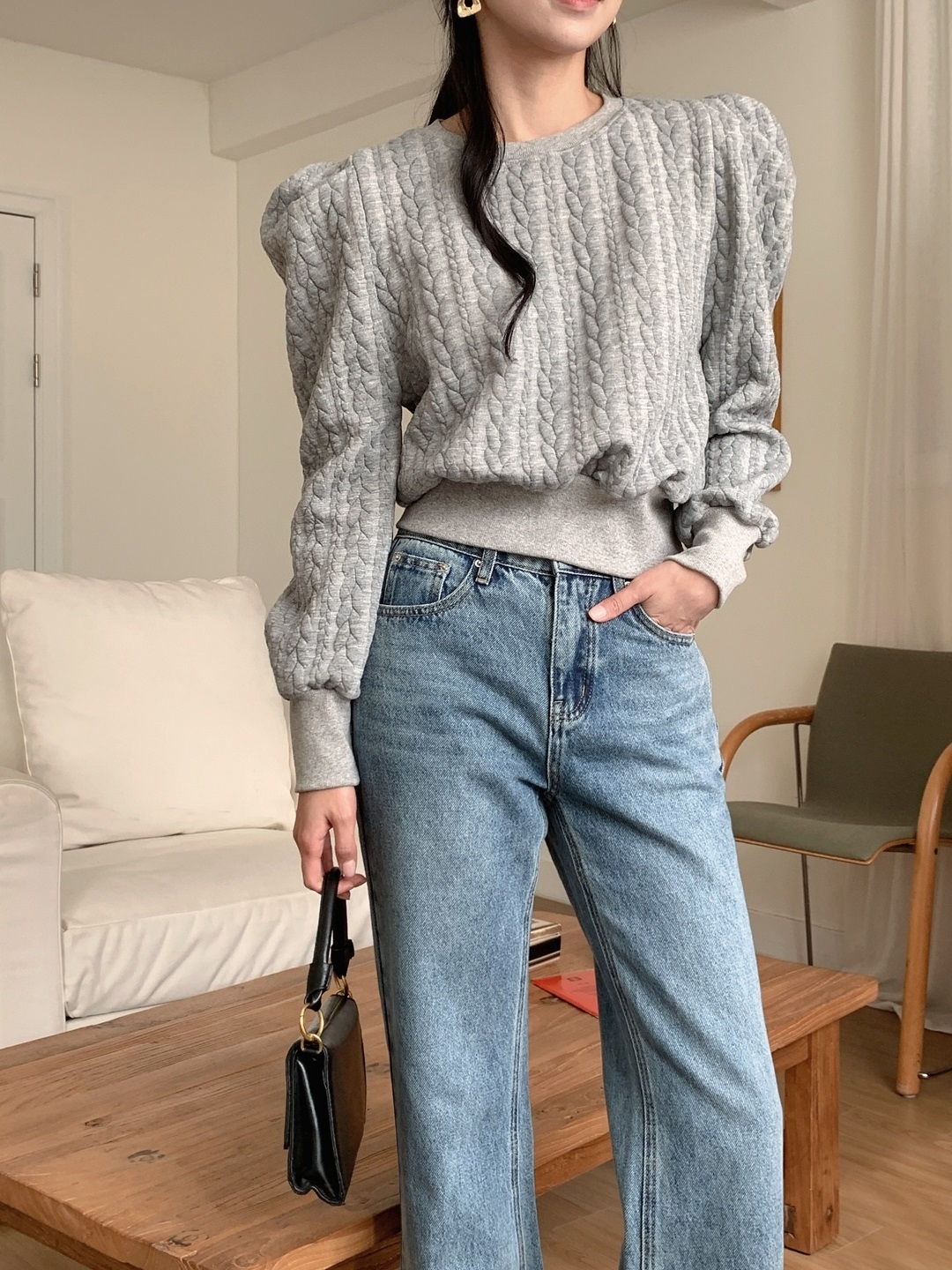 ラウンドネックパフスリーブケーブルスウェット | 詳細画像4