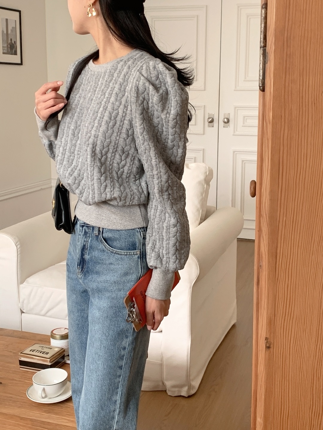 ラウンドネックパフスリーブケーブルスウェット | 詳細画像5