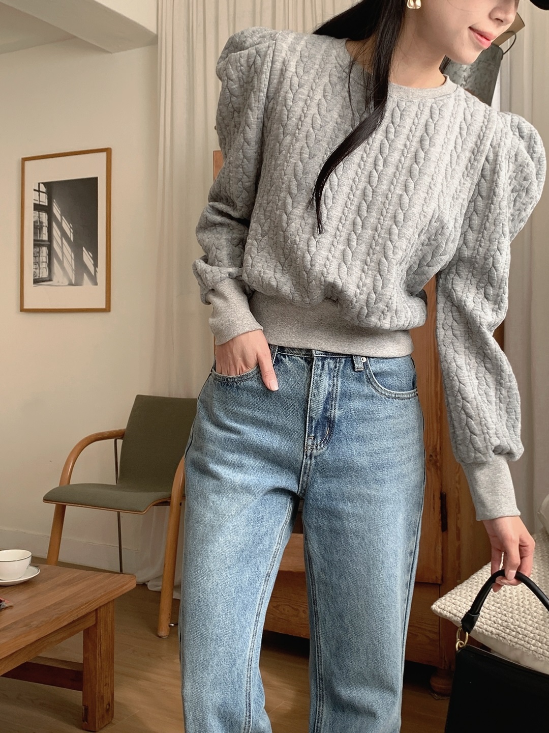 ラウンドネックパフスリーブケーブルスウェット | 詳細画像6