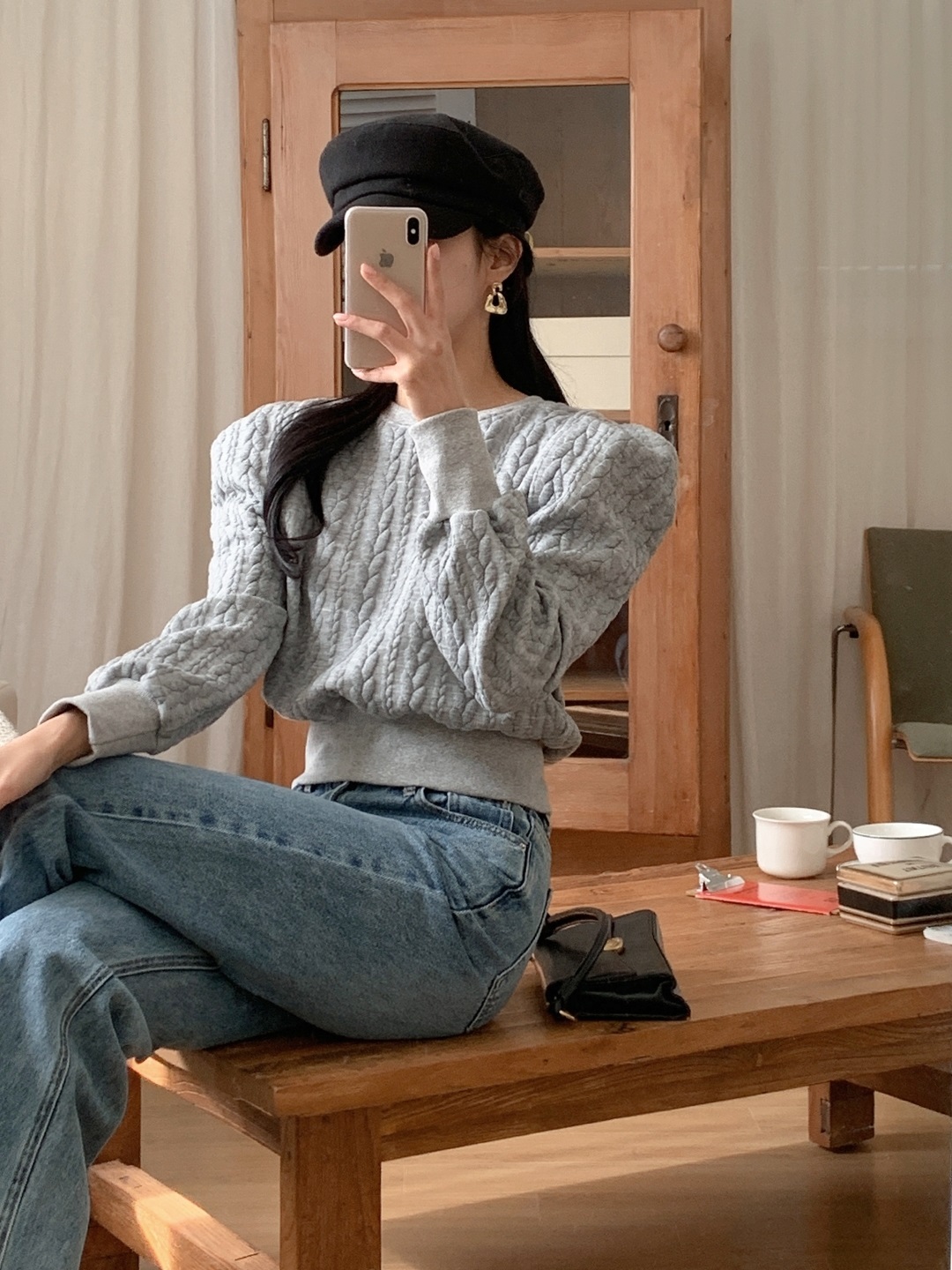 ラウンドネックパフスリーブケーブルスウェット | 詳細画像7