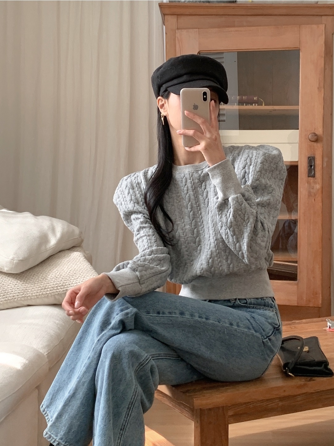 ラウンドネックパフスリーブケーブルスウェット | 詳細画像8