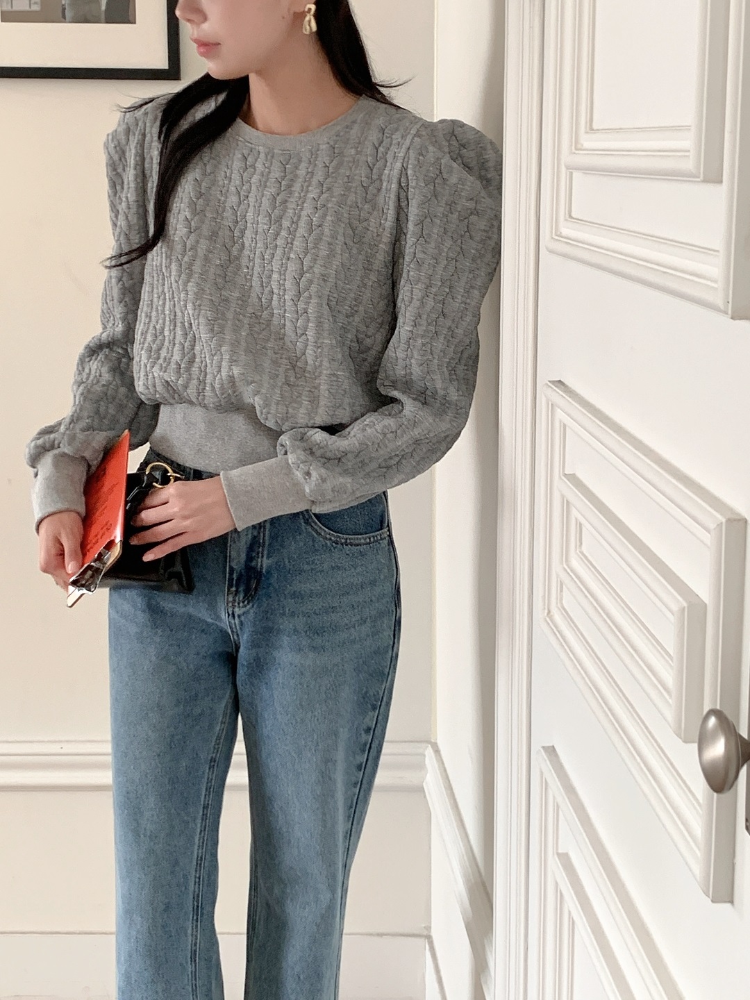 ラウンドネックパフスリーブケーブルスウェット | 詳細画像12