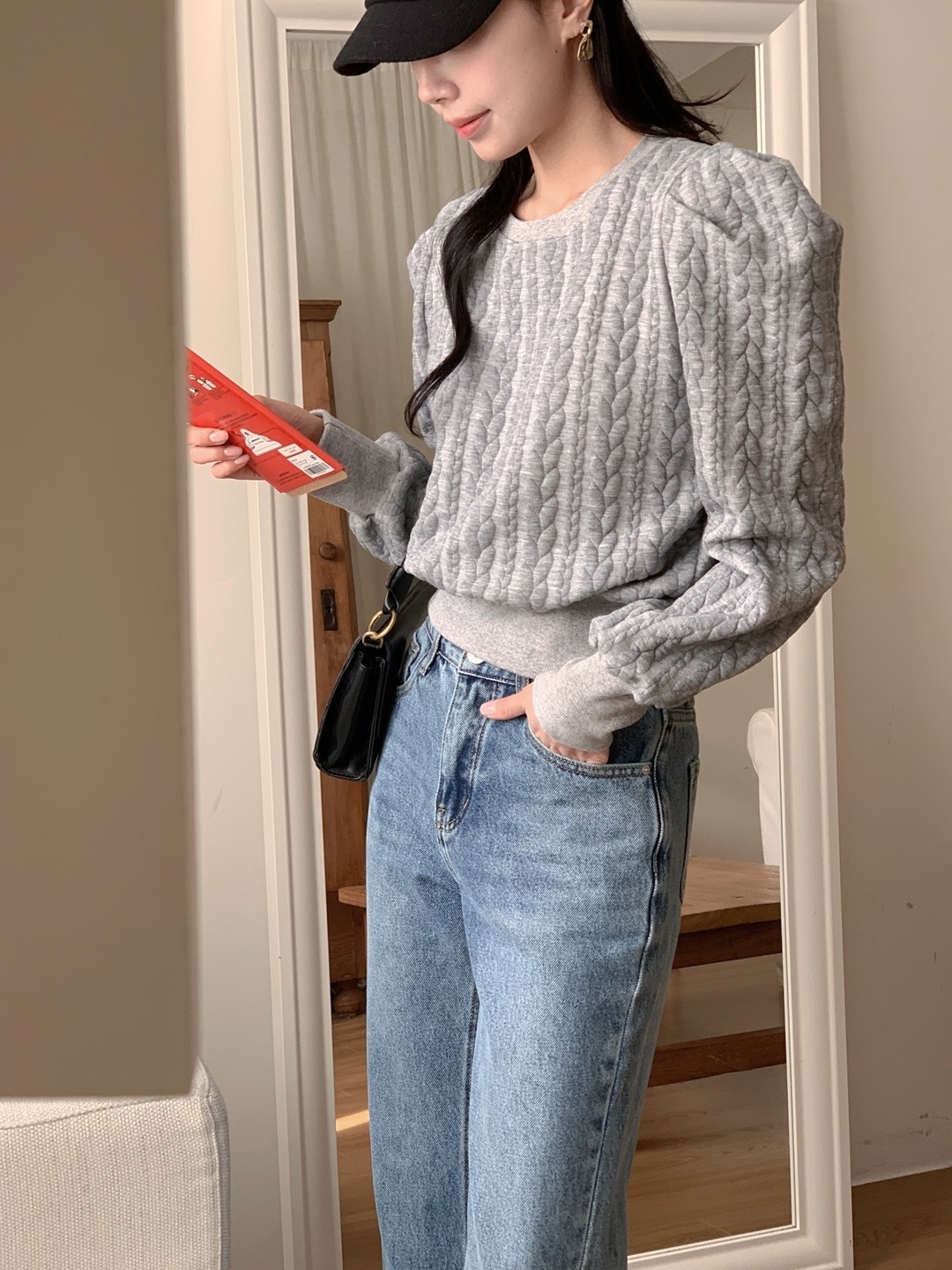 ラウンドネックパフスリーブケーブルスウェット | 詳細画像14