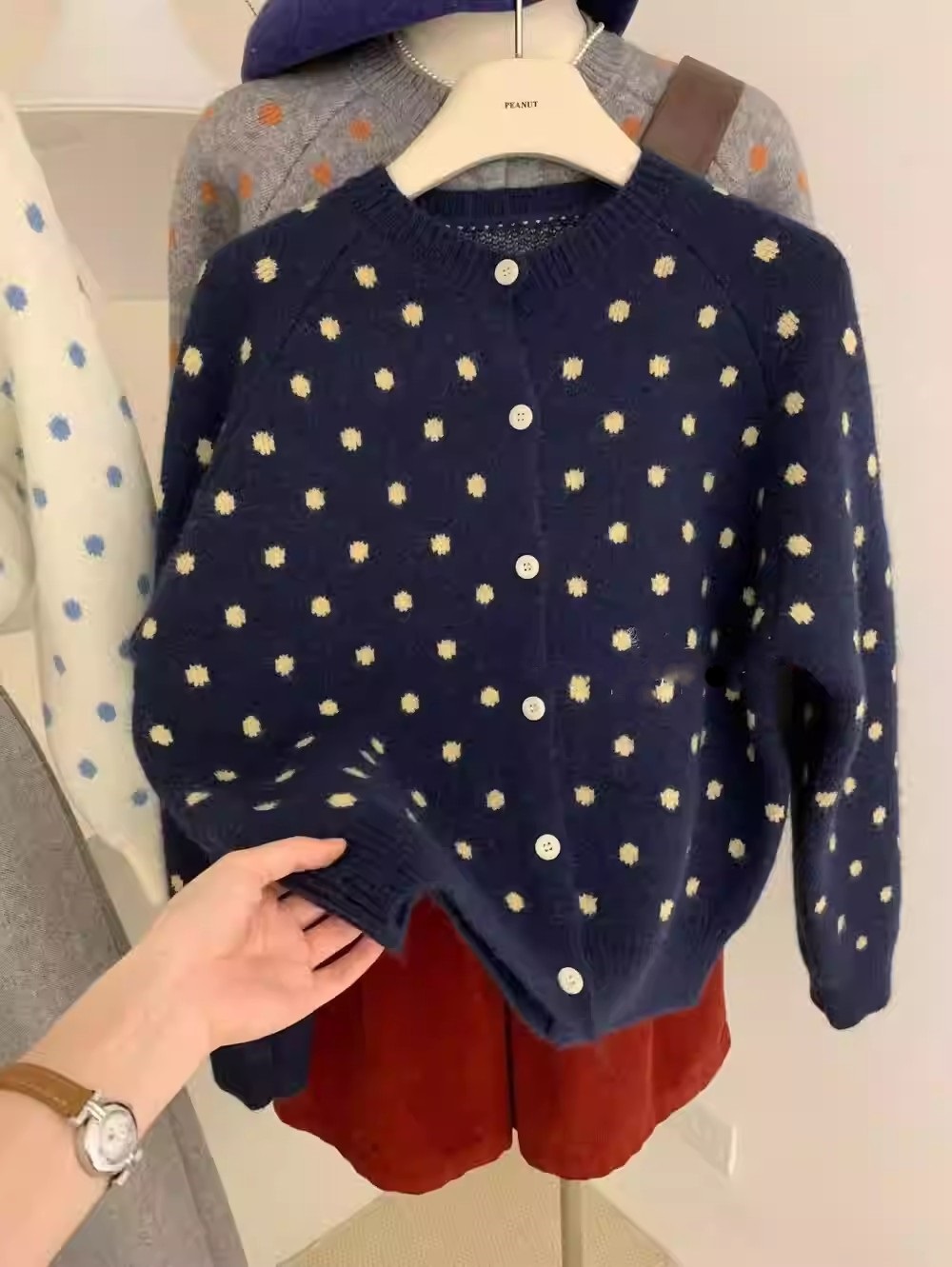 ボタンラウンドネックドットカラーカーディガン | 詳細画像6