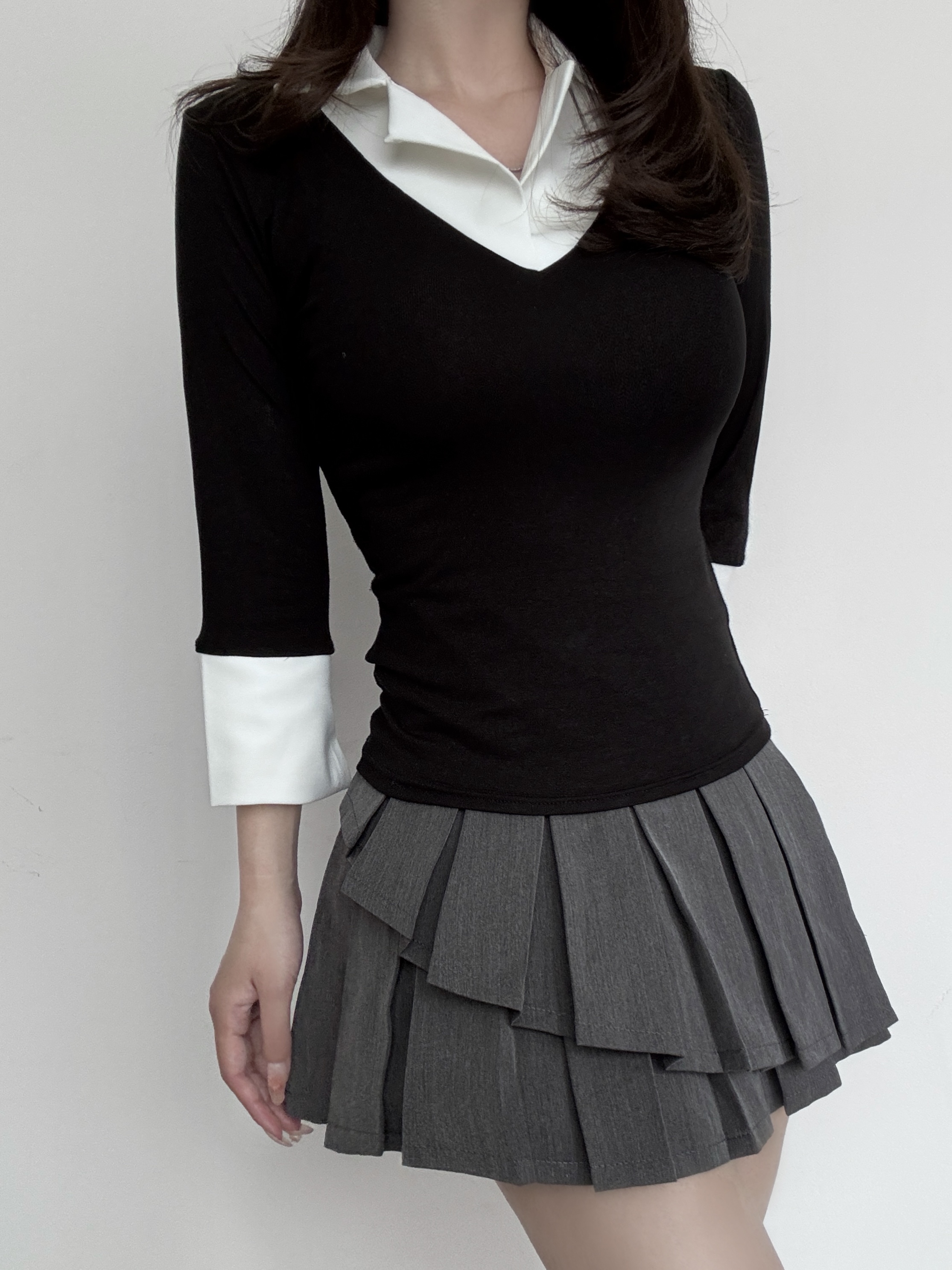 配色オープンカラー七部袖スリムTシャツ | 詳細画像2