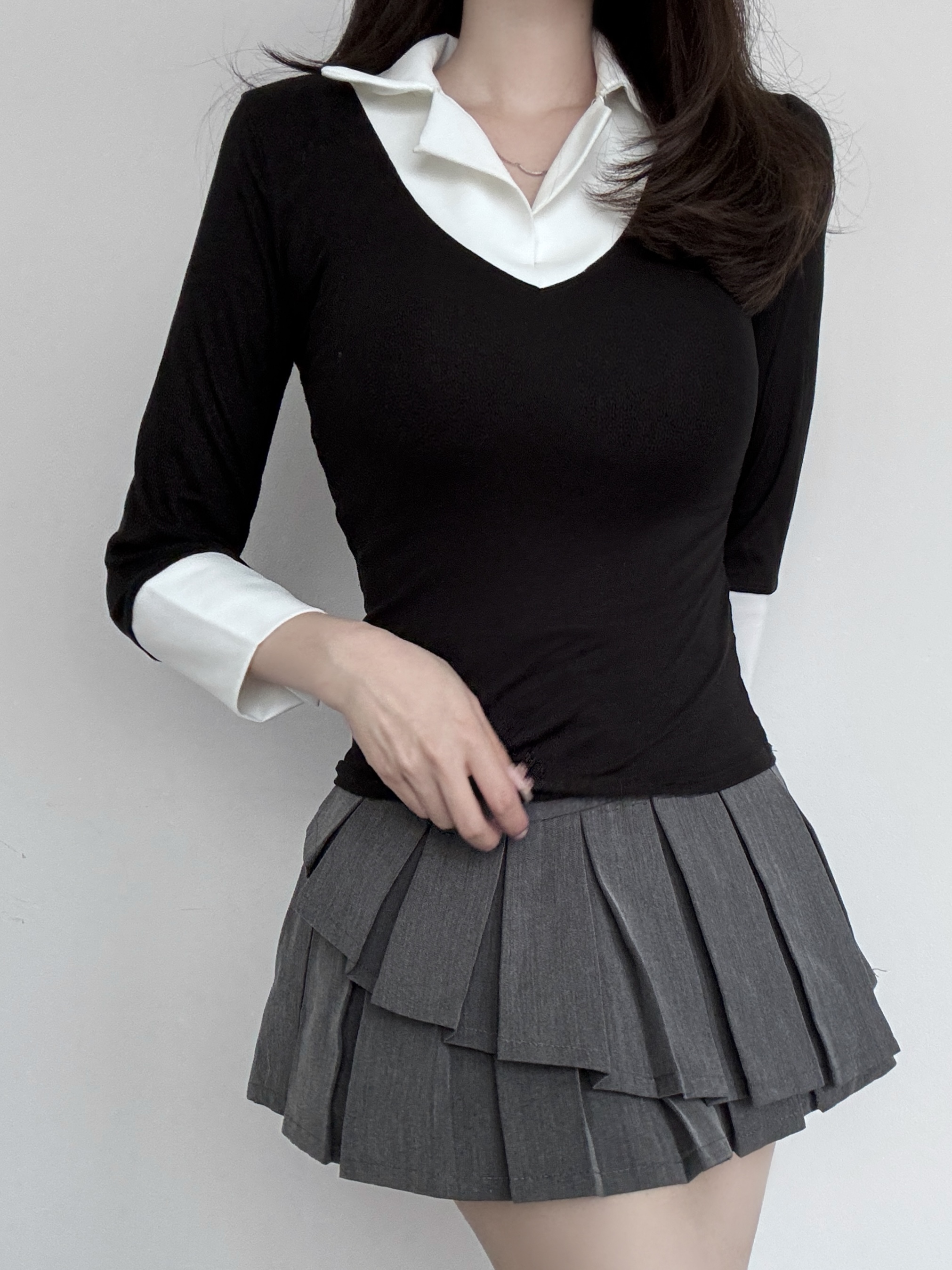 配色オープンカラー七部袖スリムTシャツ | 詳細画像3