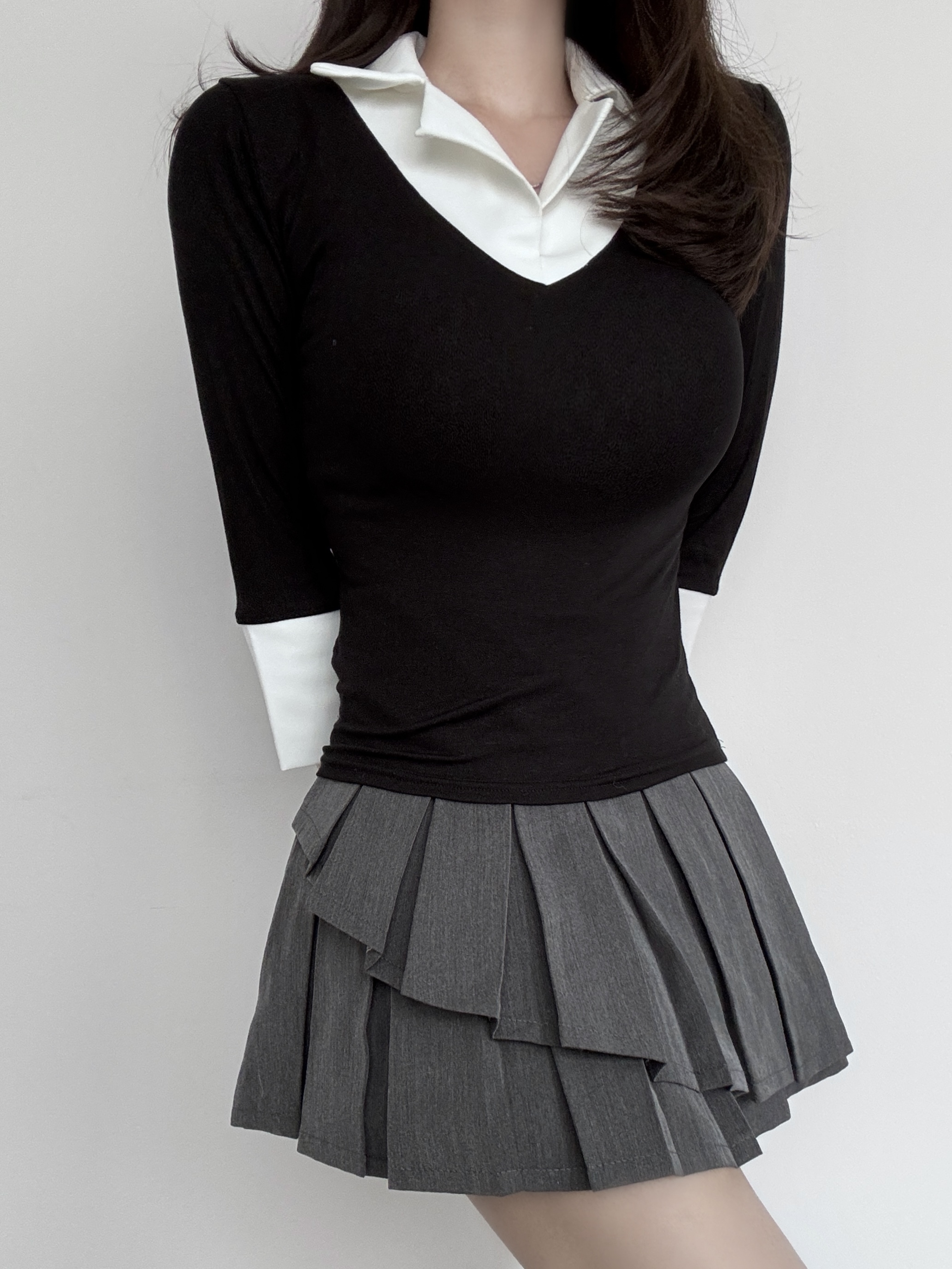 配色オープンカラー七部袖スリムTシャツ | 詳細画像4