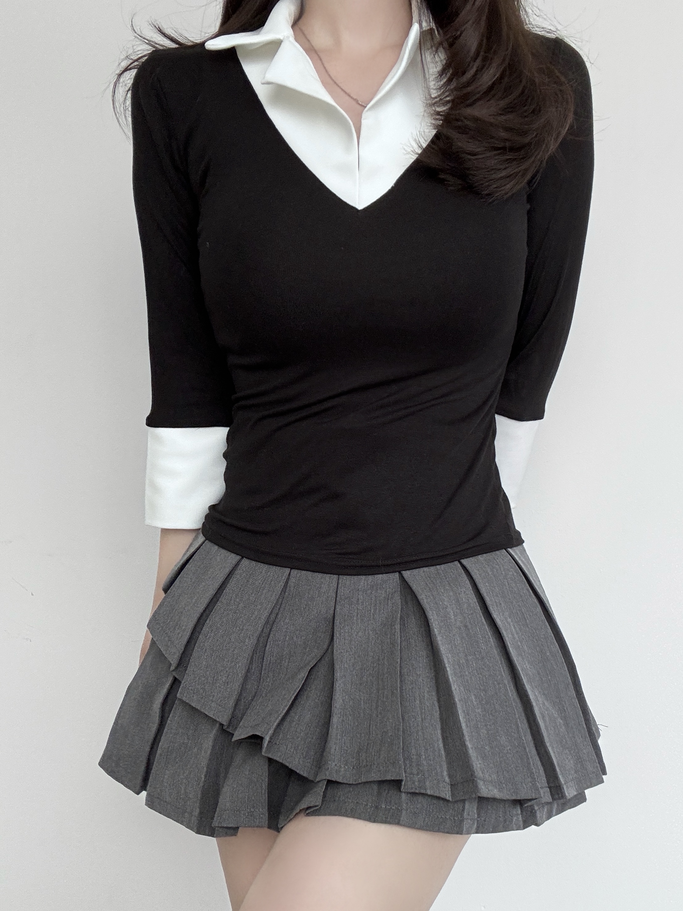 配色オープンカラー七部袖スリムTシャツ | 詳細画像5