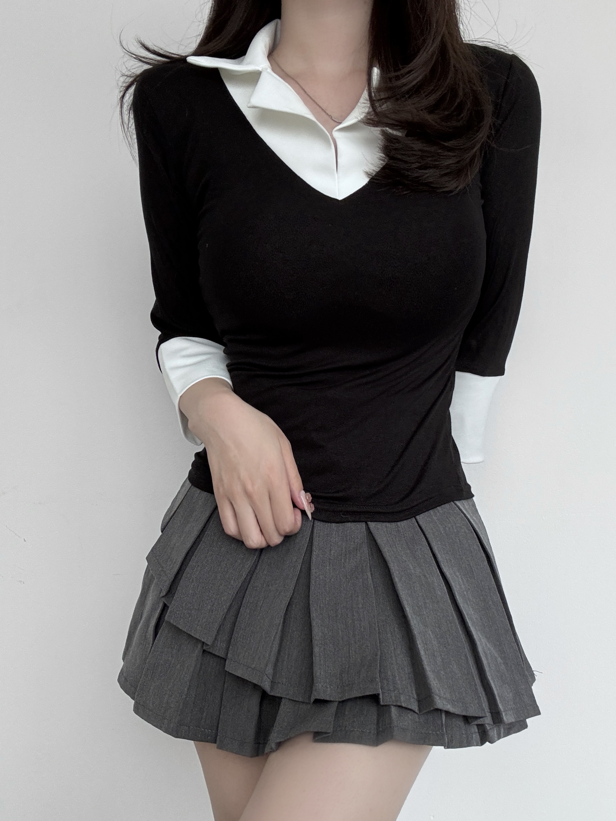 配色オープンカラー七部袖スリムTシャツ | 詳細画像6