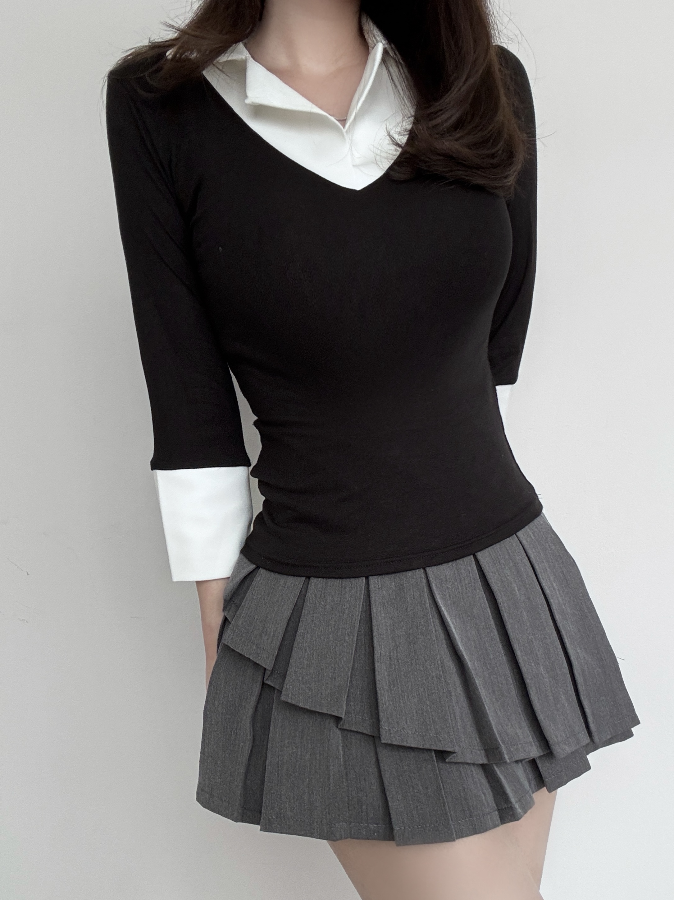 配色オープンカラー七部袖スリムTシャツ | 詳細画像8