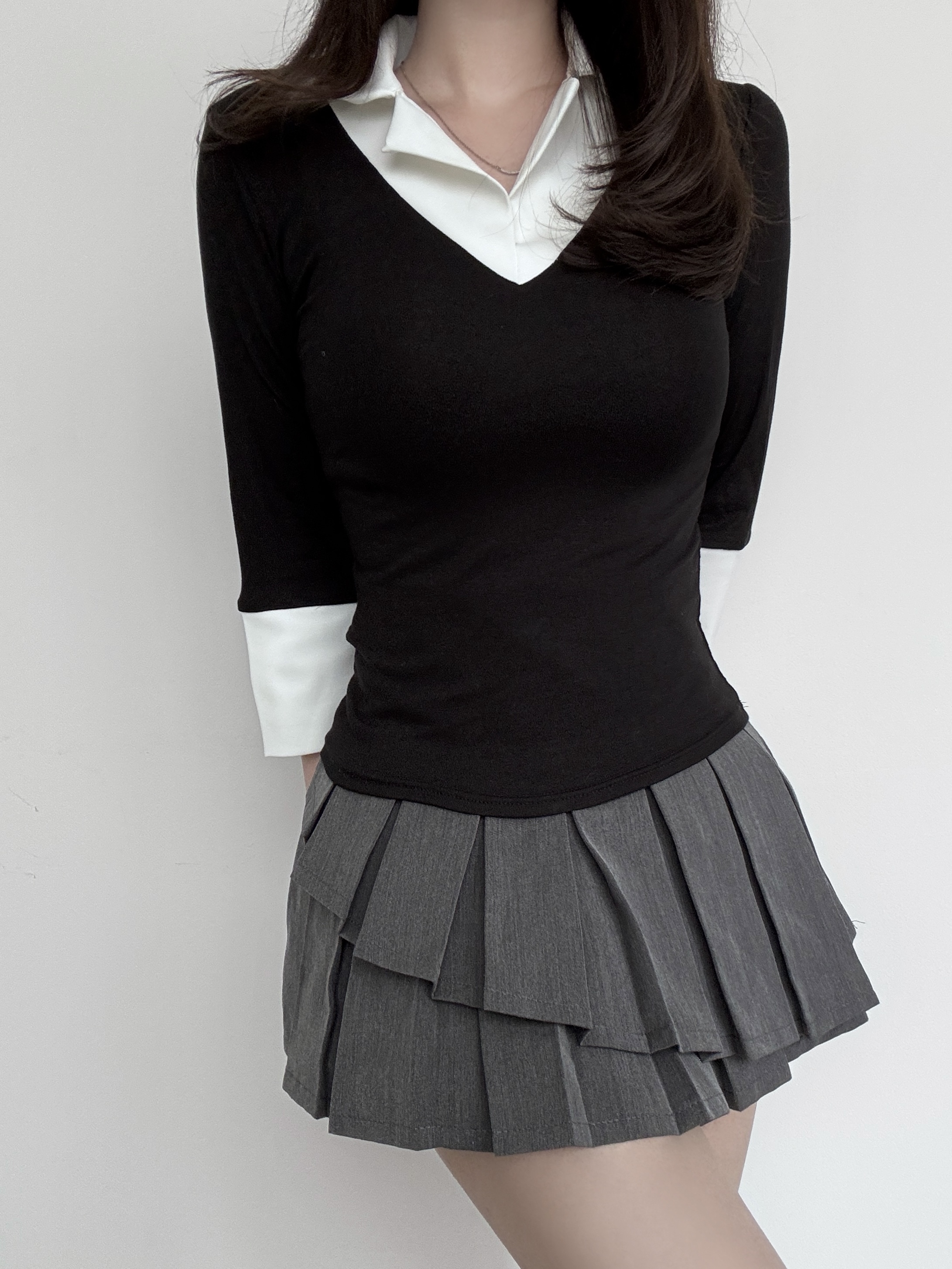 配色オープンカラー七部袖スリムTシャツ | 詳細画像11