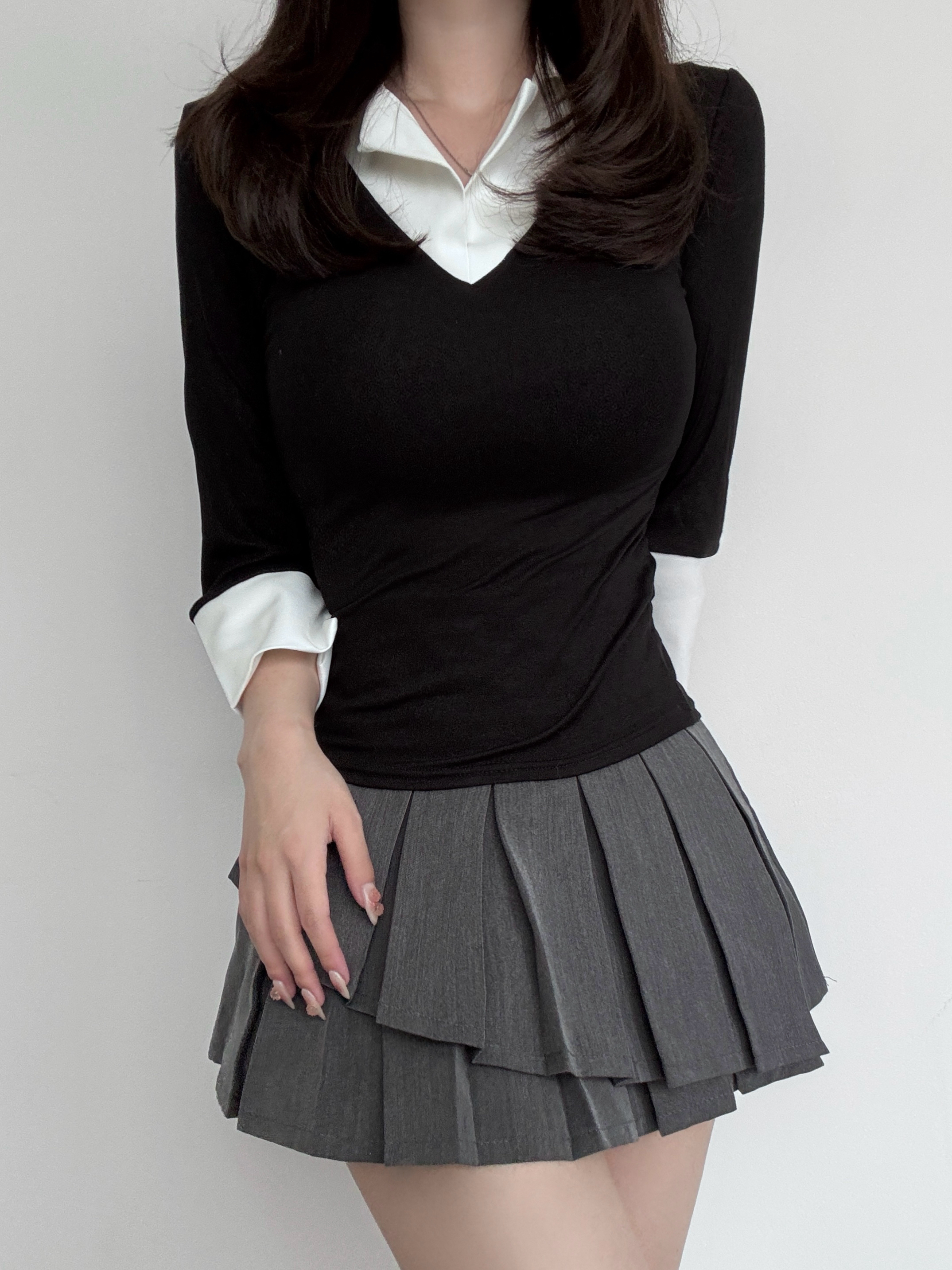 配色オープンカラー七部袖スリムTシャツ | 詳細画像12