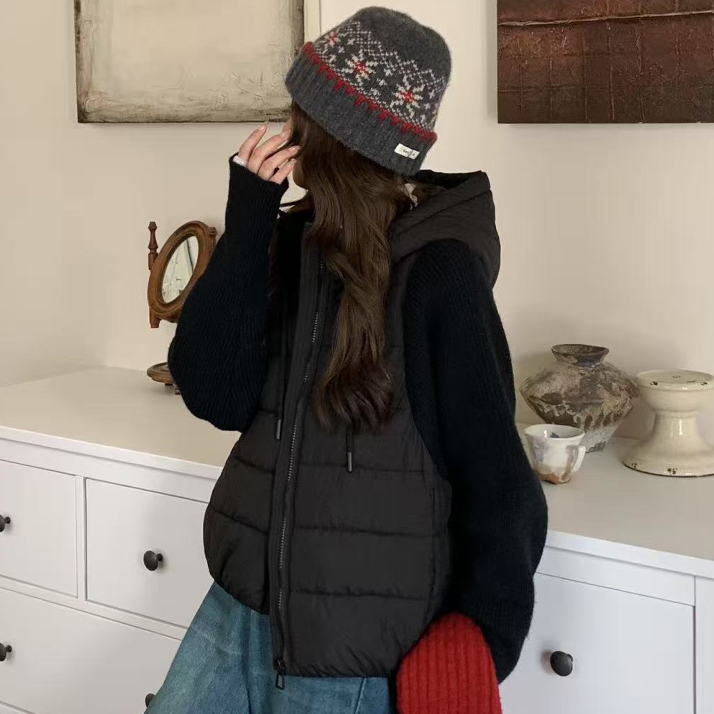 ジップアップフードレイヤード風ルーズキルティングダウンジャケット | 詳細画像13