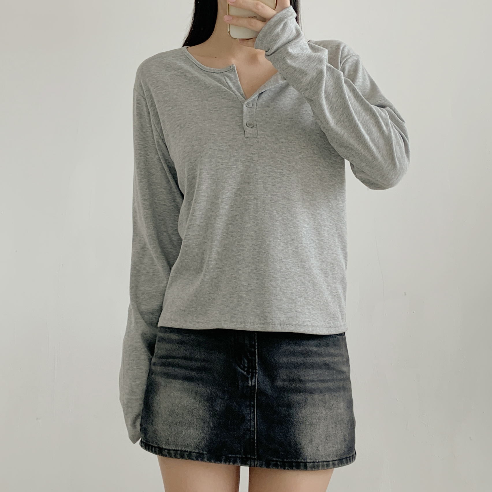 起毛裏地ボタンラウンドネックルーズ長袖Tシャツ | 詳細画像8
