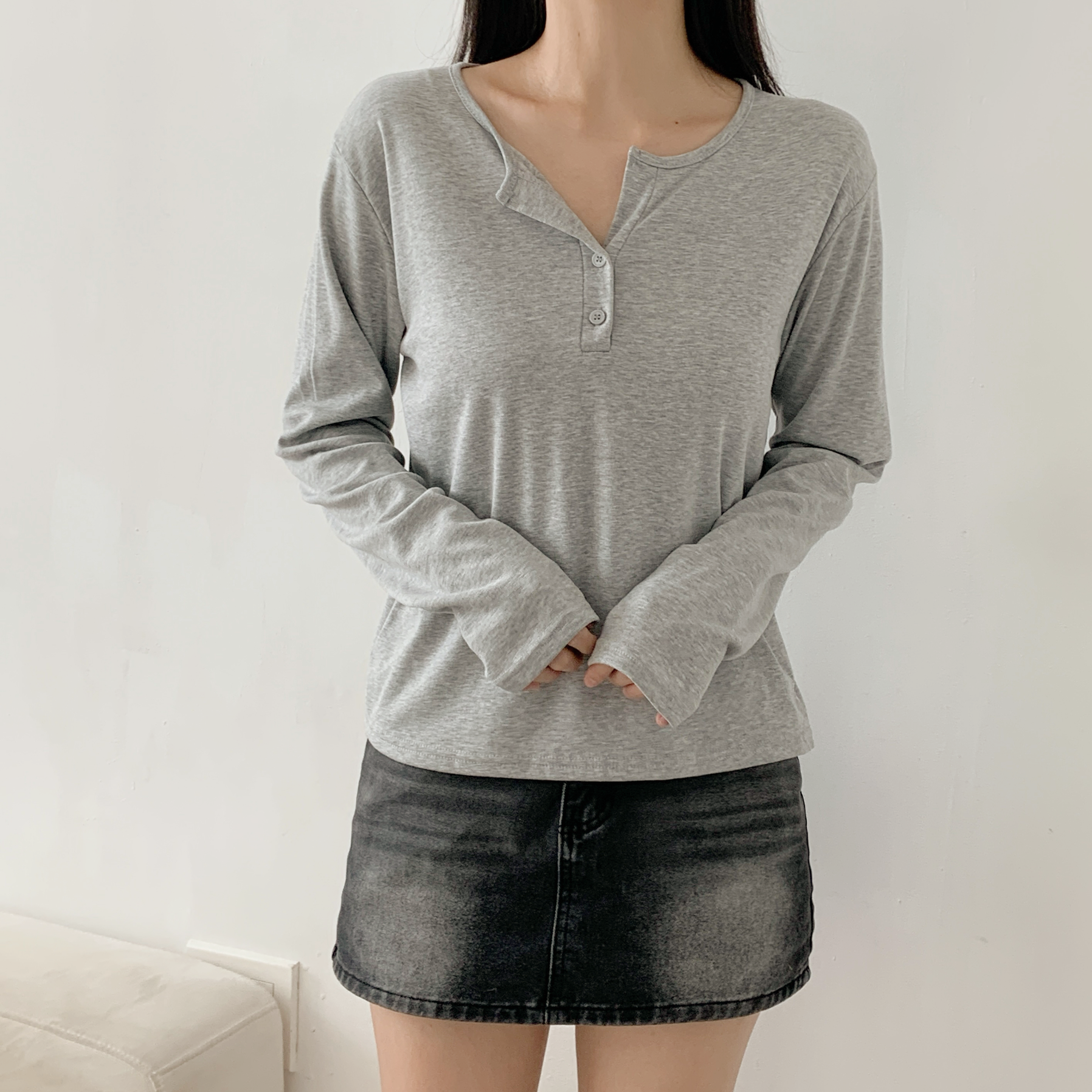 起毛裏地ボタンラウンドネックルーズ長袖Tシャツ | 詳細画像10