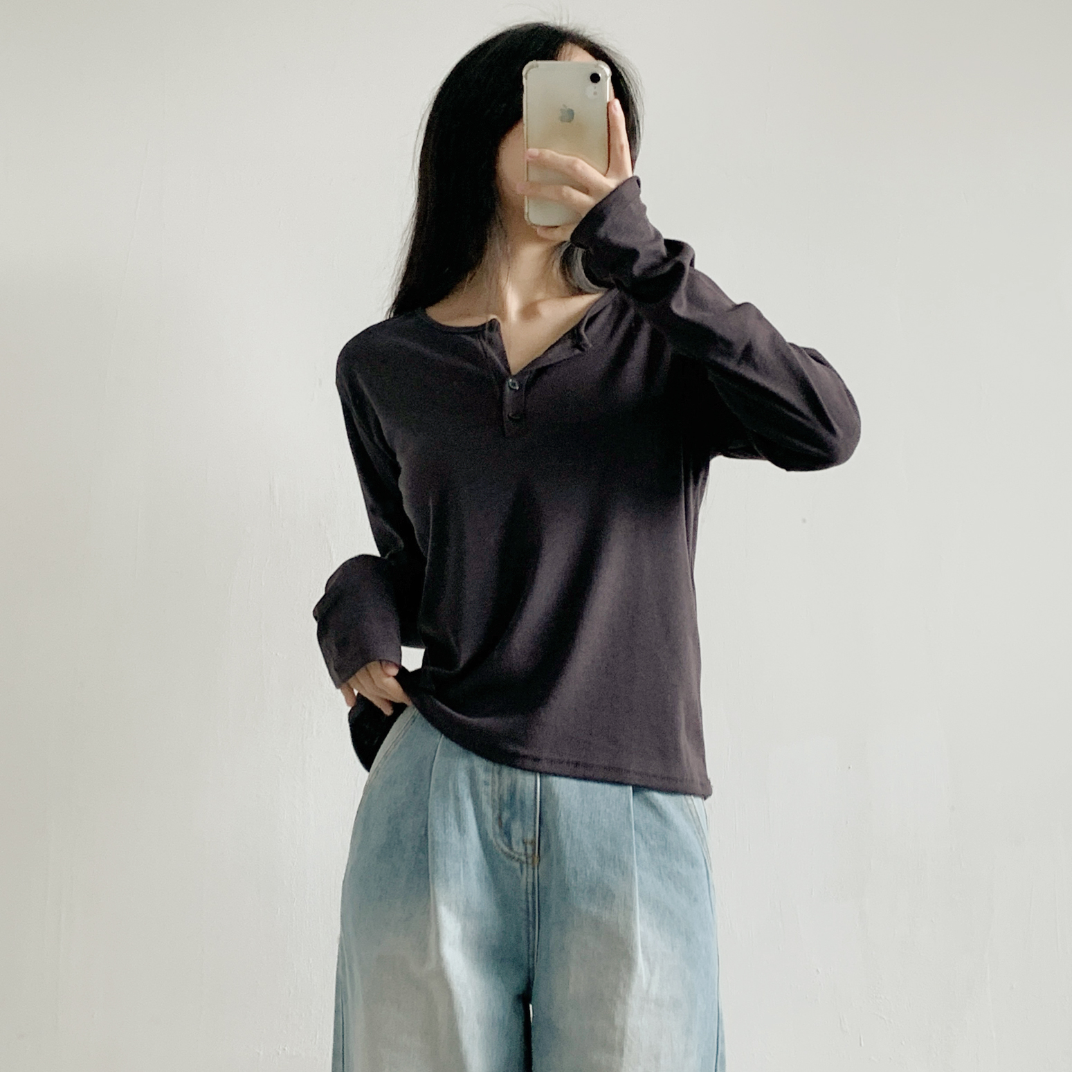 起毛裏地ボタンラウンドネックルーズ長袖Tシャツ | 詳細画像12