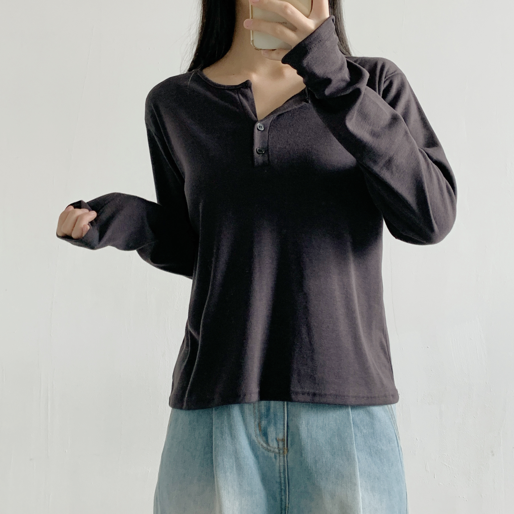 起毛裏地ボタンラウンドネックルーズ長袖Tシャツ | 詳細画像13