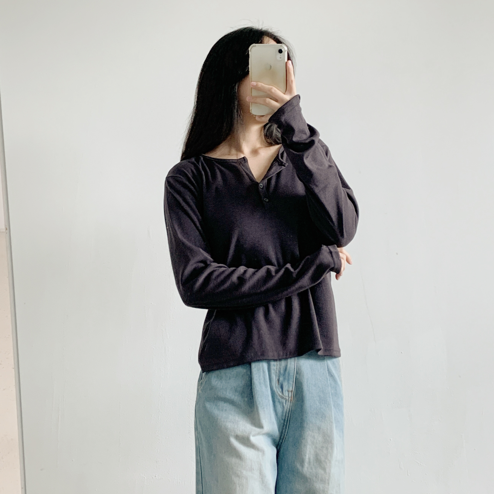 起毛裏地ボタンラウンドネックルーズ長袖Tシャツ | 詳細画像11