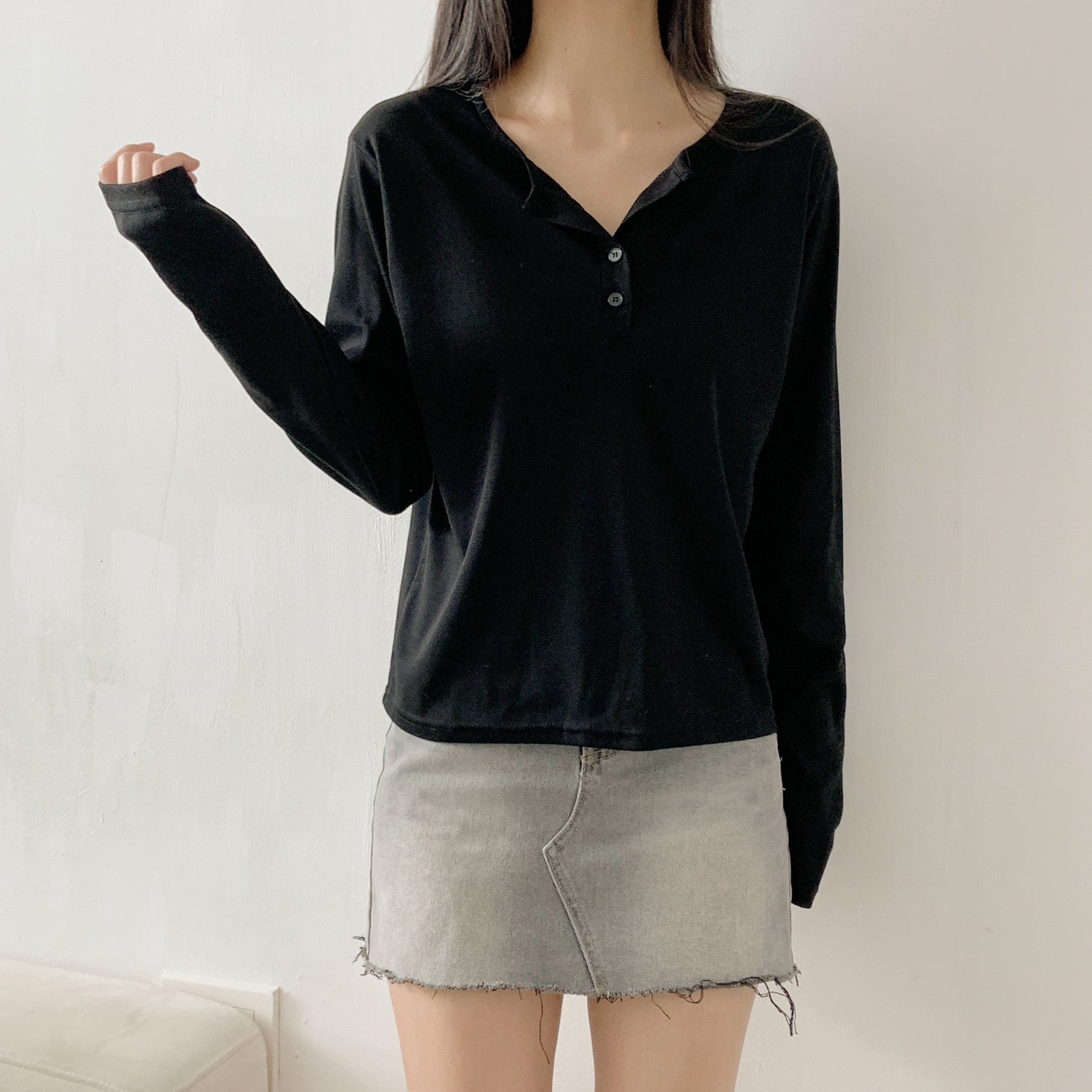 起毛裏地ボタンラウンドネックルーズ長袖Tシャツ | 詳細画像15